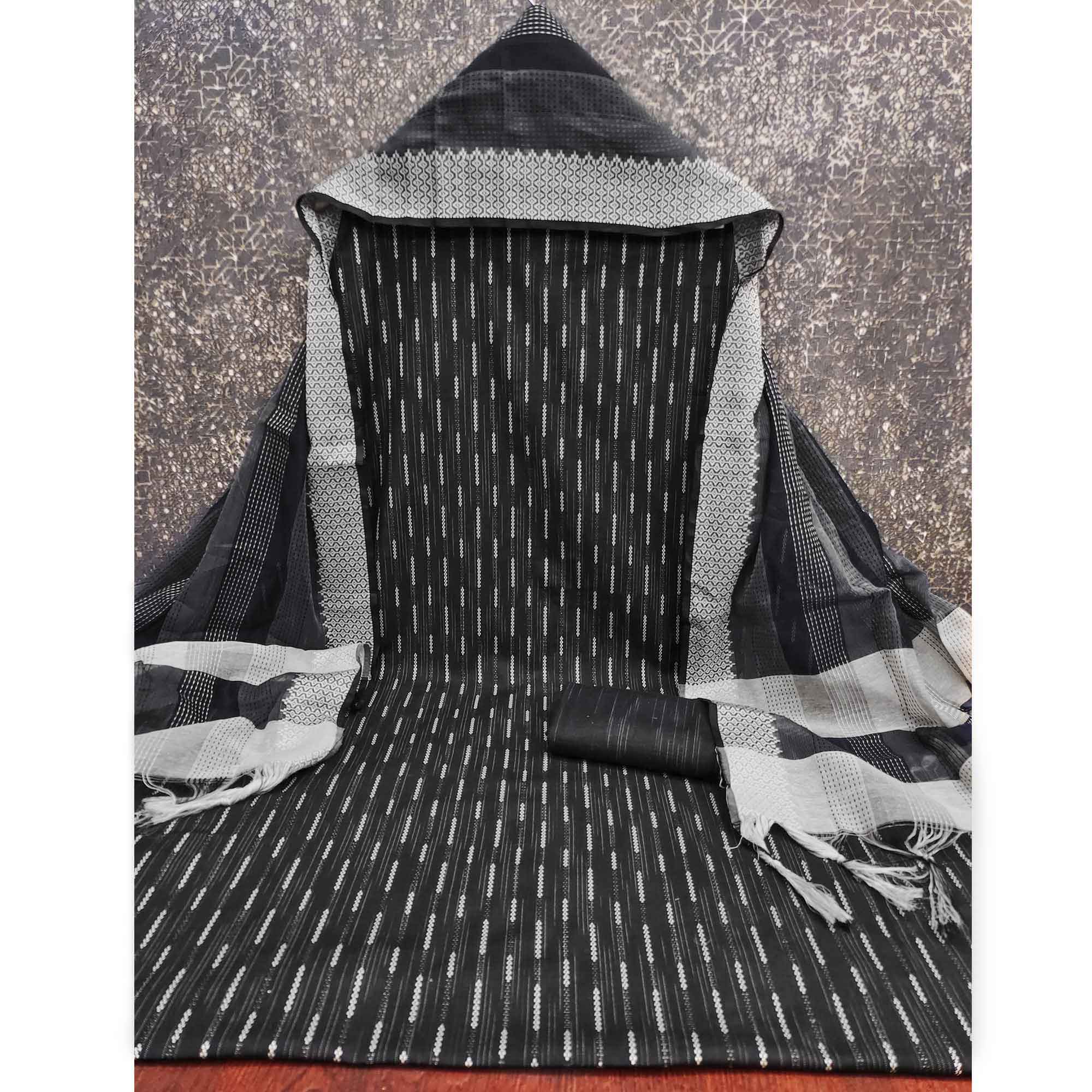 Black Poly Cotton Blend Dress Material Adorned With Striped Weaving Work