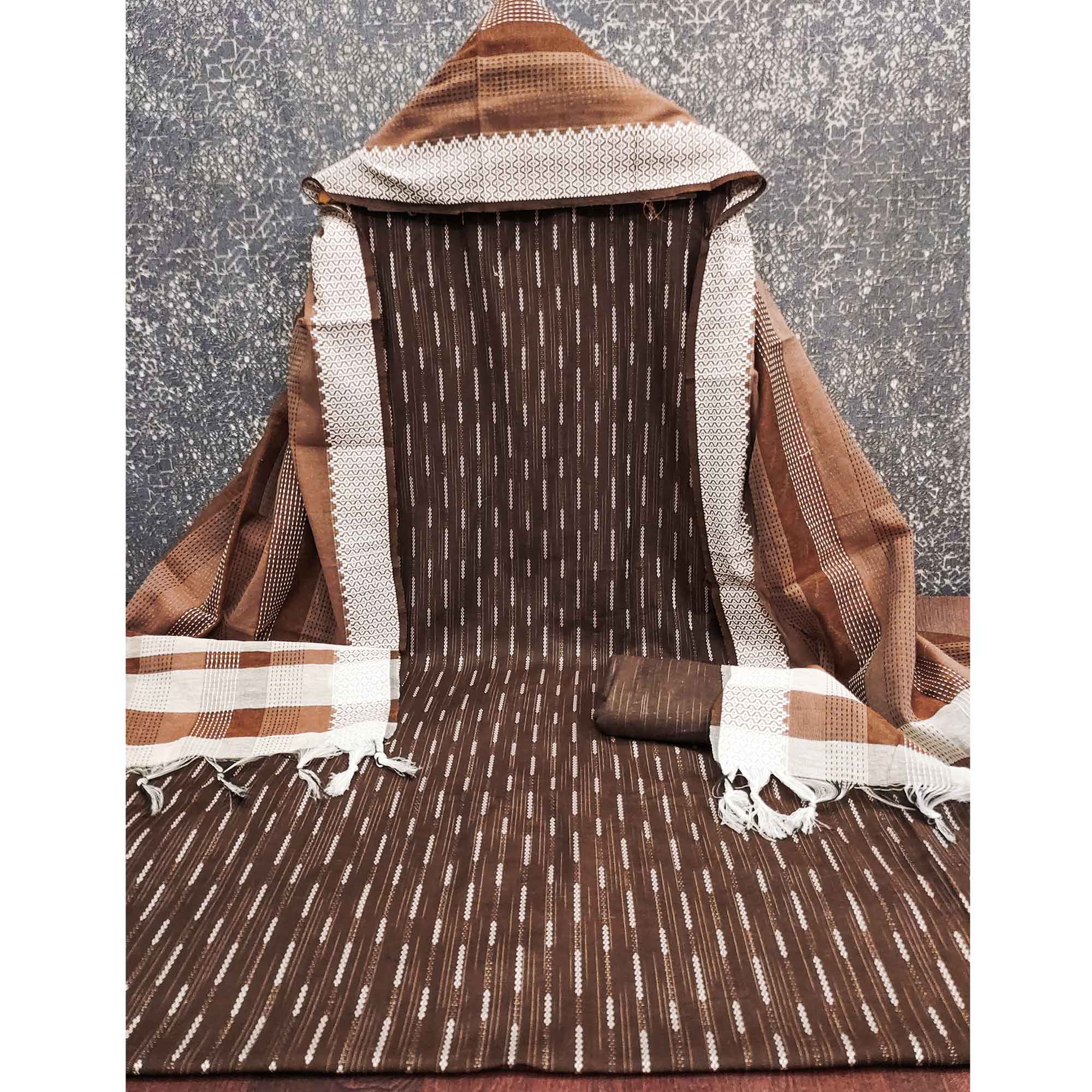 Brown Poly Cotton Blend Dress Material Adorned With Striped Weaving Work