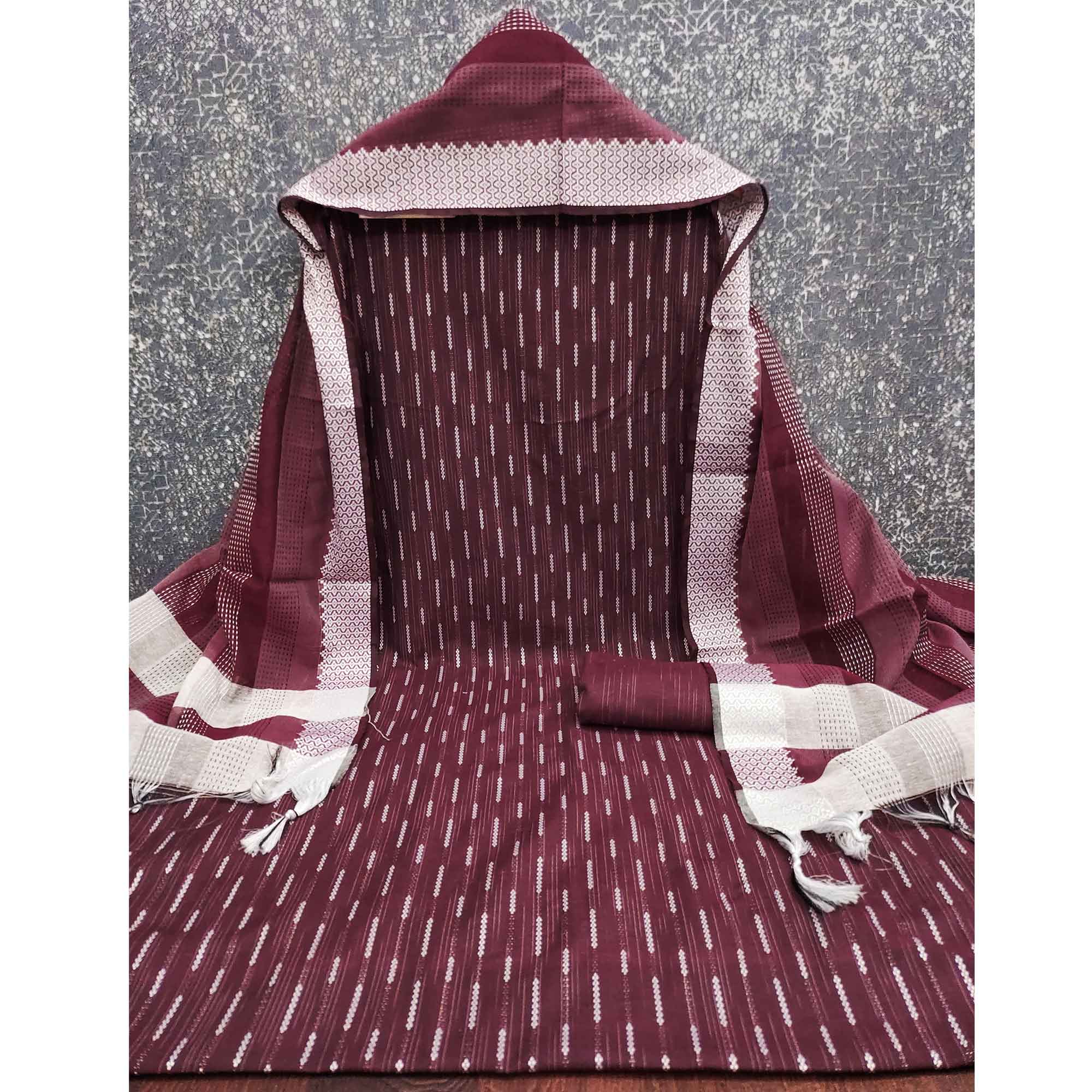 Wine Poly Cotton Blend Dress Material Adorned With Striped Weaving Work