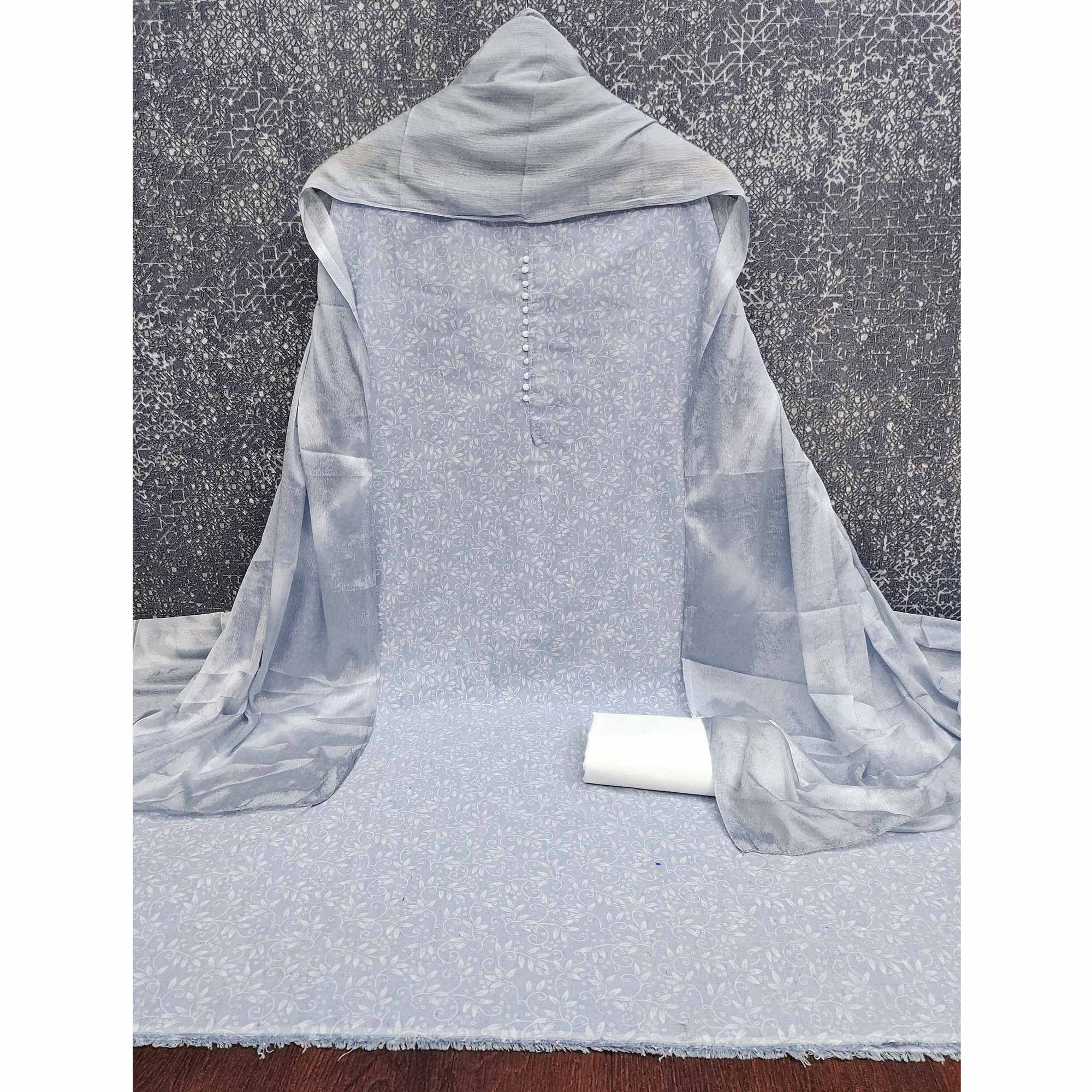 Grey Cotton Blend Dress Material Enhanced With Artistic Floral Printed Work