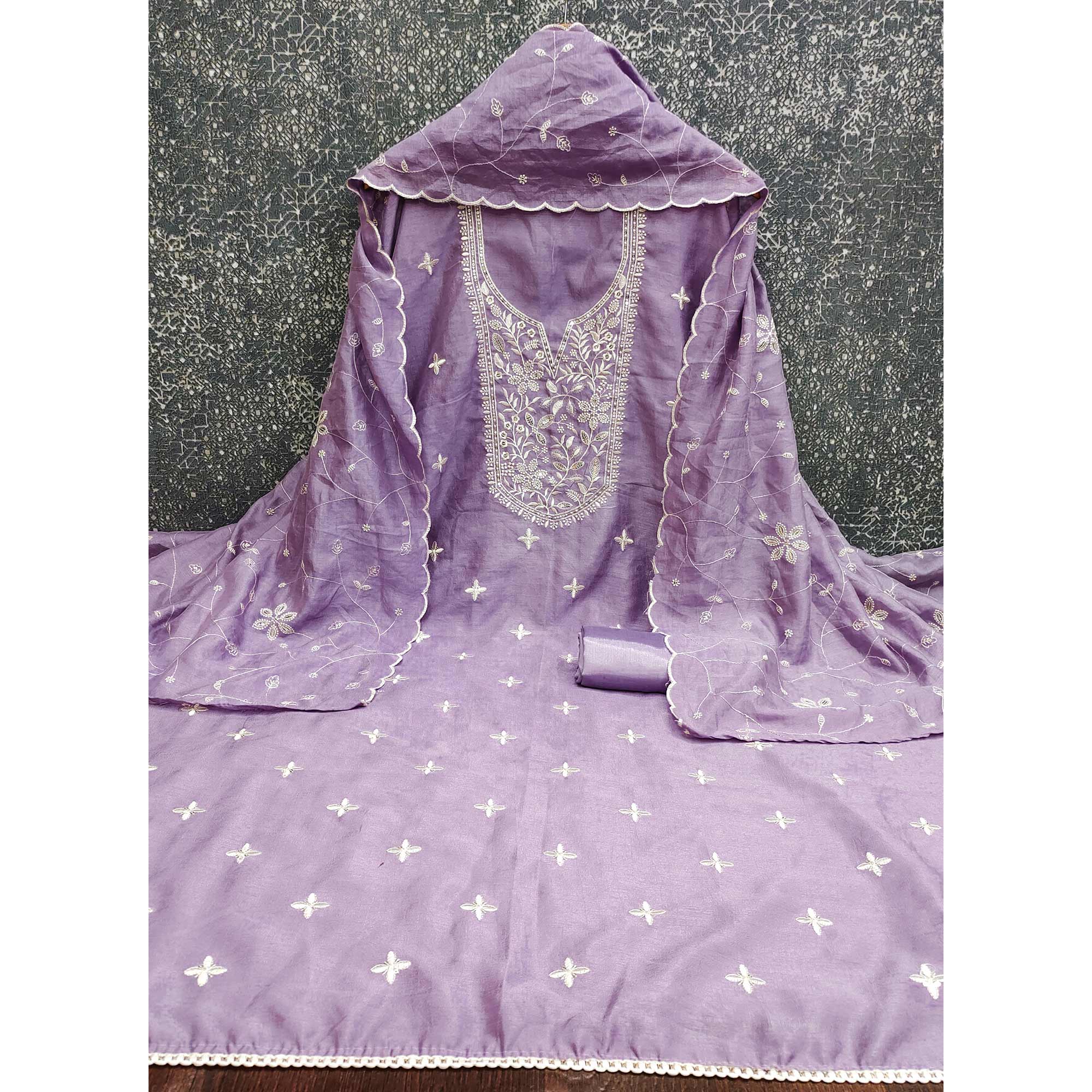 Elegant Lavender Floral Thread Embroidered With Sequins Work Vichitra Silk Dress Material