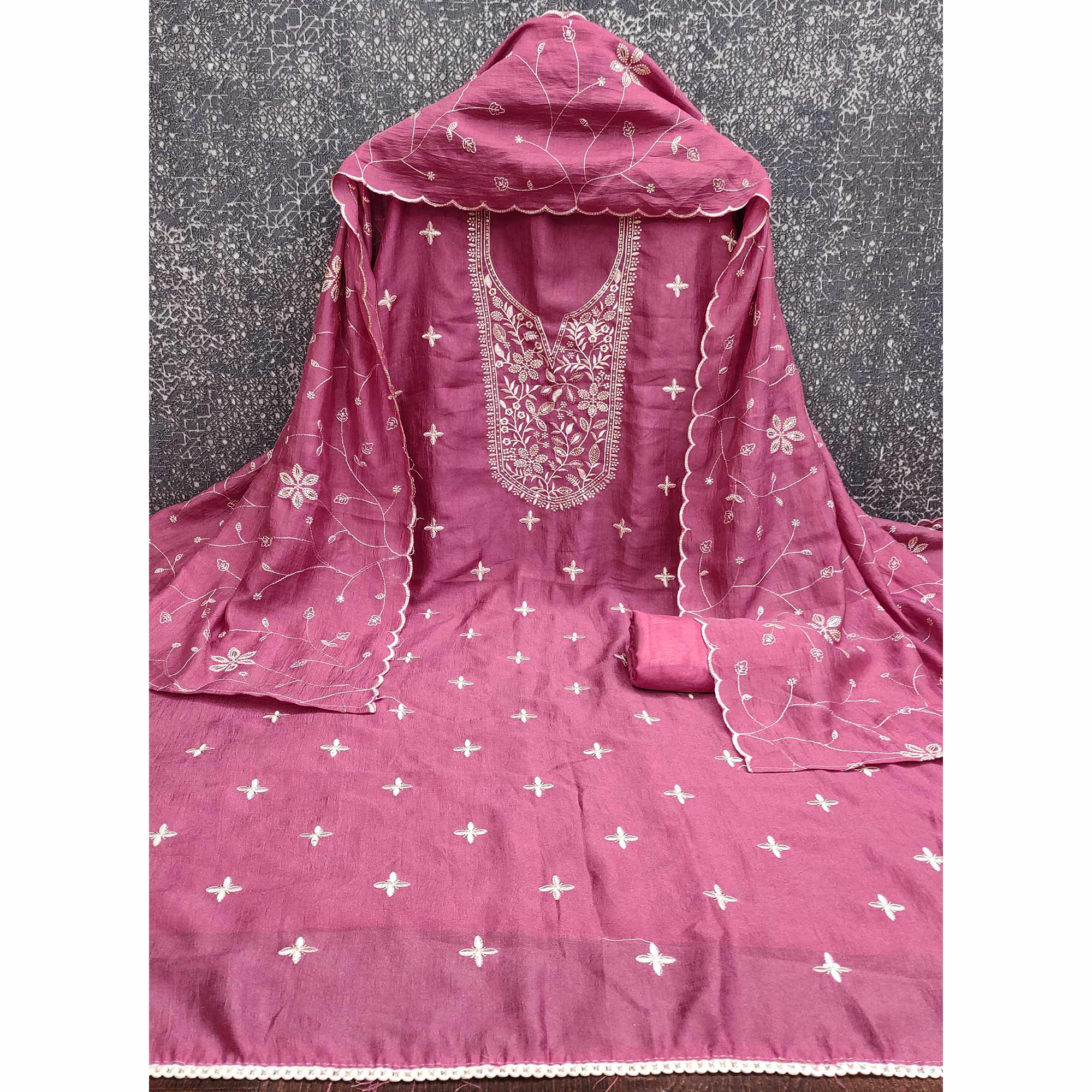 Graceful Pink Vichitra Silk Fabric Featuring Floral Thread & Sequins Work Dress Material