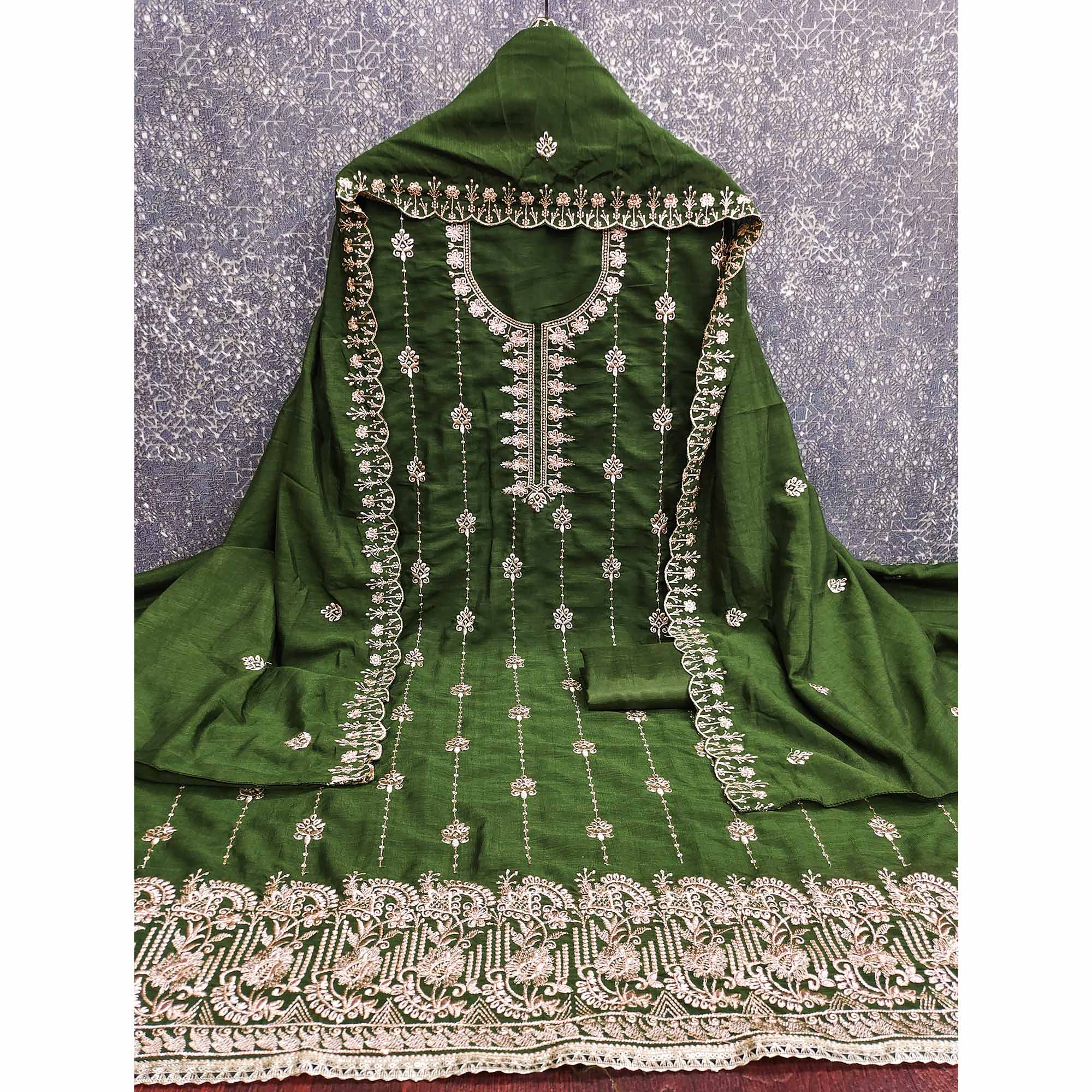 Green Floral Elegance Zari Embroidered Vichitra Silk Dress Material