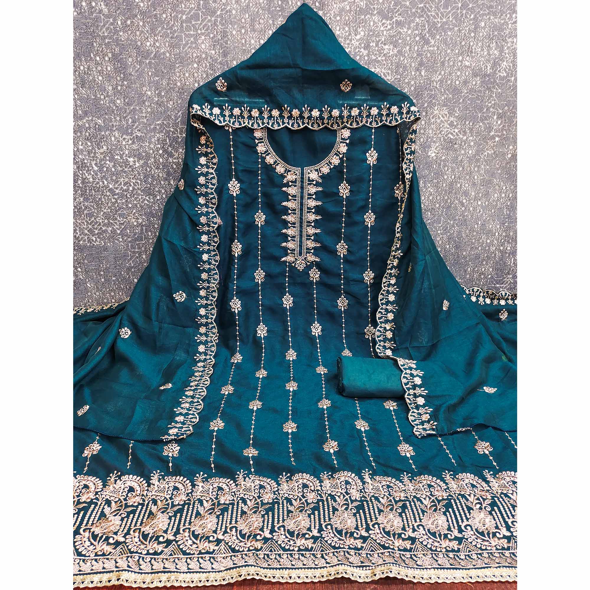 Morpich Blue Floral Elegance Zari Embroidered Vichitra Silk Dress Material