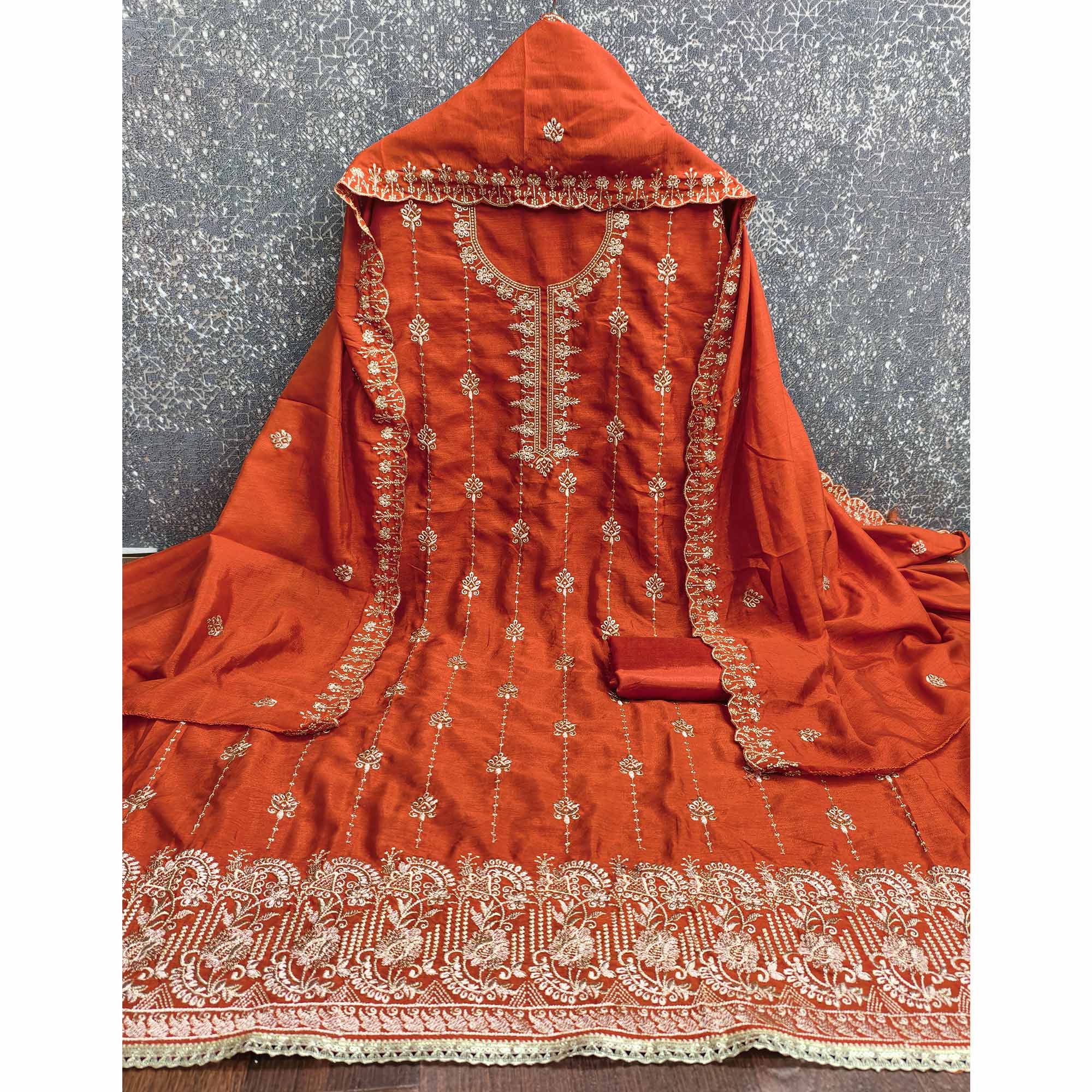 Orange Floral Elegance Zari Embroidered Vichitra Silk Dress Material