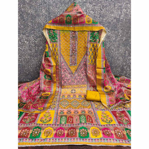 Mustard Floral Printed Chinon Dress Material Embellished With Mirror & Stone Work