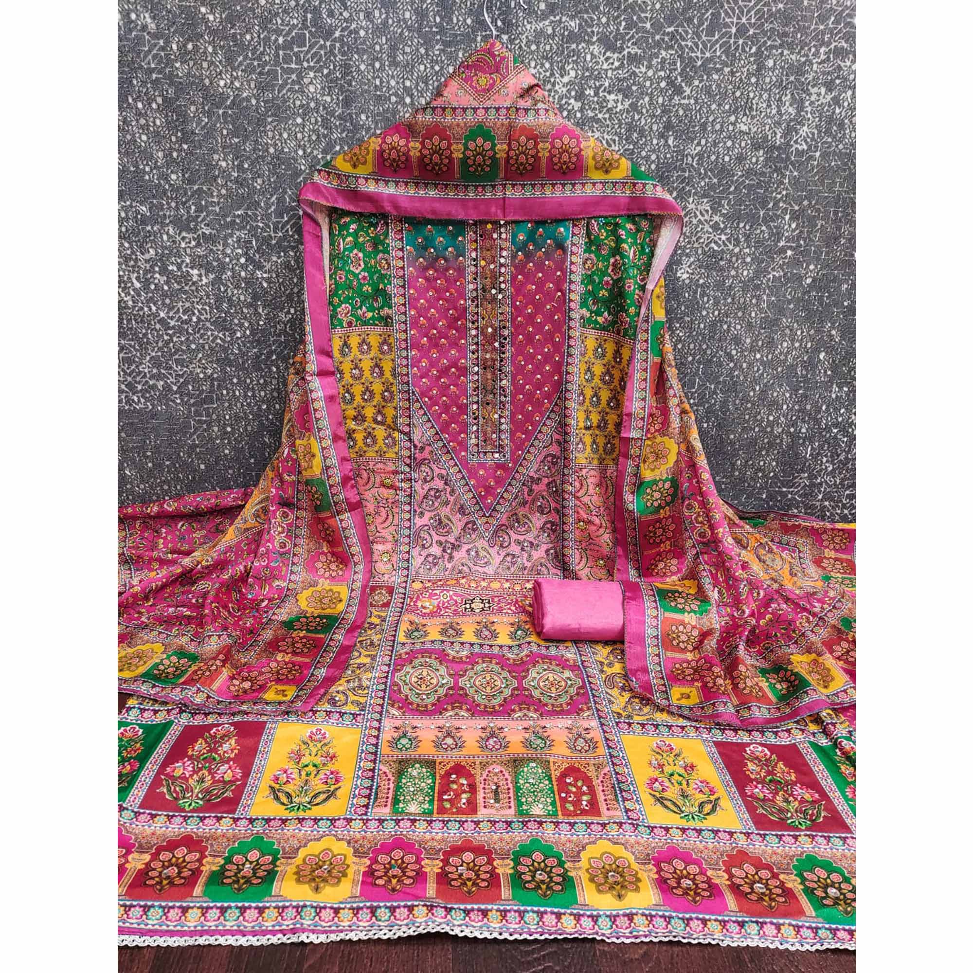 Pink Floral Printed Chinon Dress Material Embellished With Mirror & Stone Work