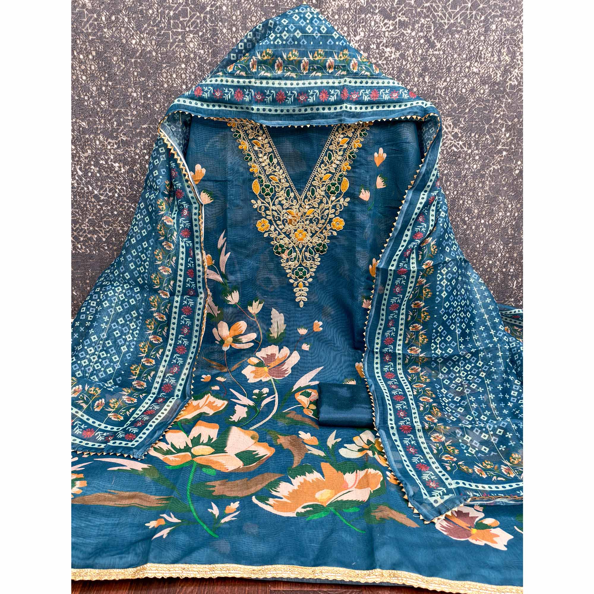 Blue Chanderi Silk Dress Material With Digital Floral Print & Cording Embroidery Work