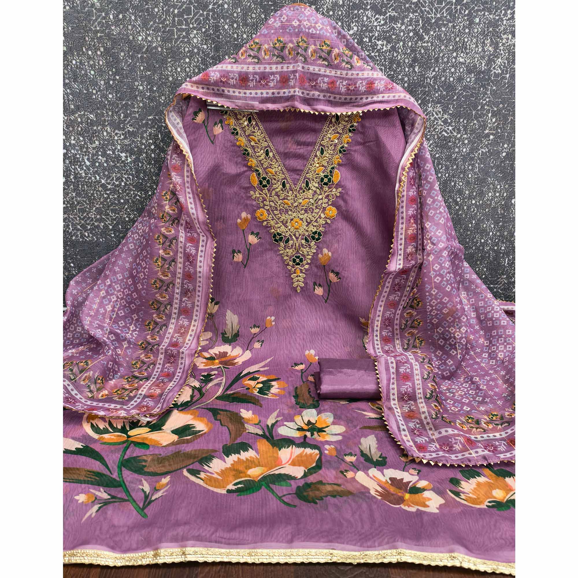 Lavender Chanderi Silk Dress Material With Digital Floral Print & Cording Embroidery Work