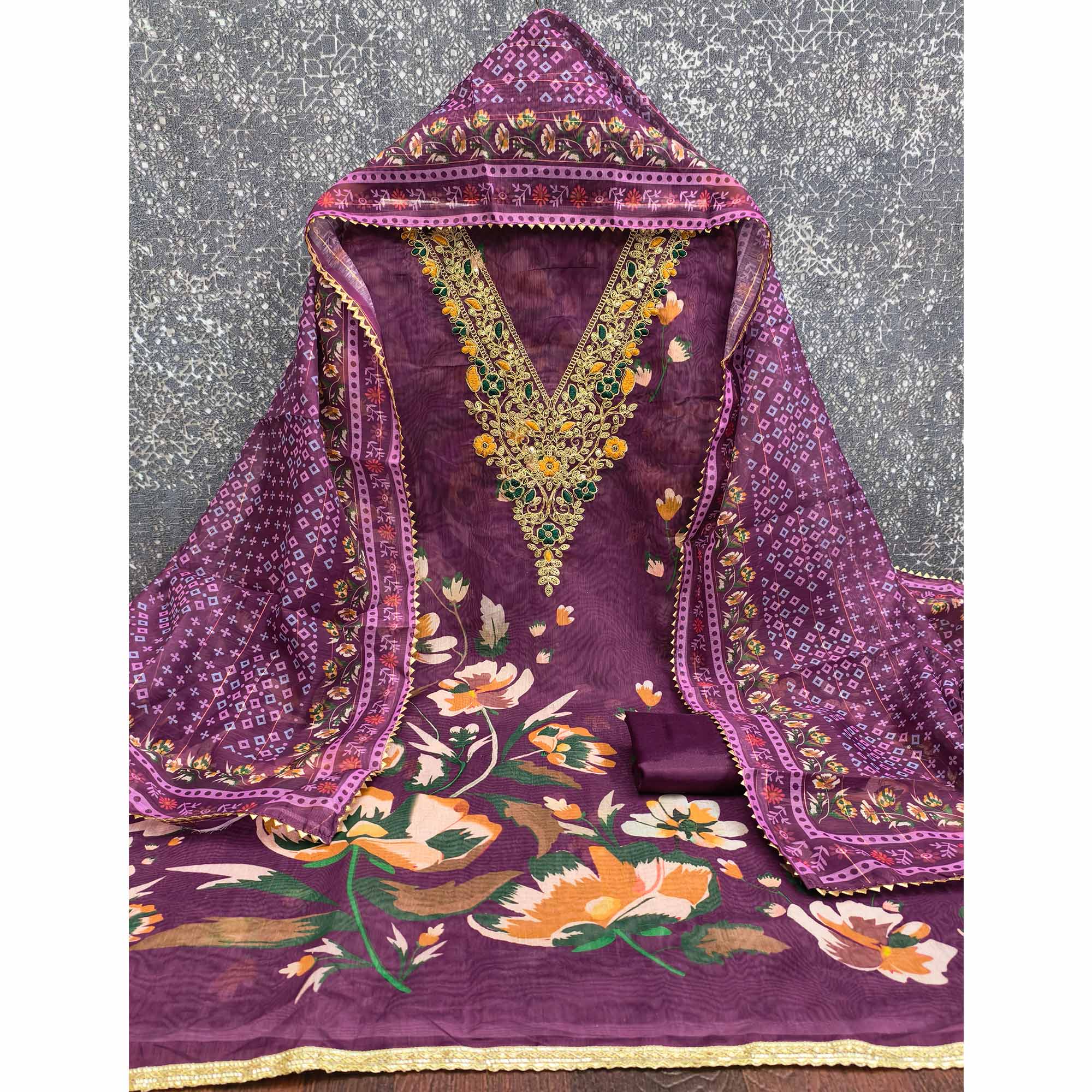 Purple Chanderi Silk Dress Material With Digital Floral Print & Cording Embroidery Work