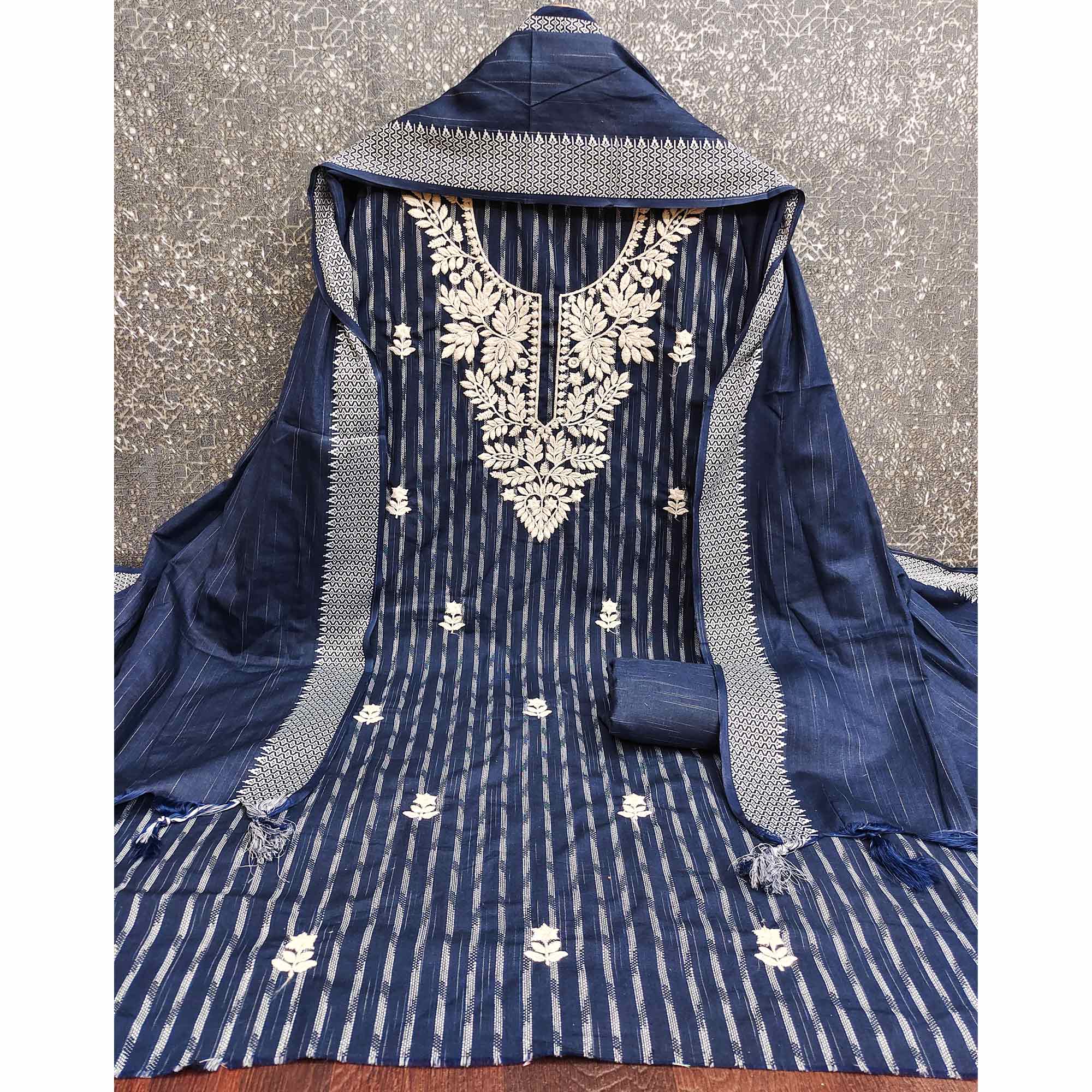 Elegant Navy Blue Floral Embroidered Cotton Blend Dress Material With Striking Striped Weaving