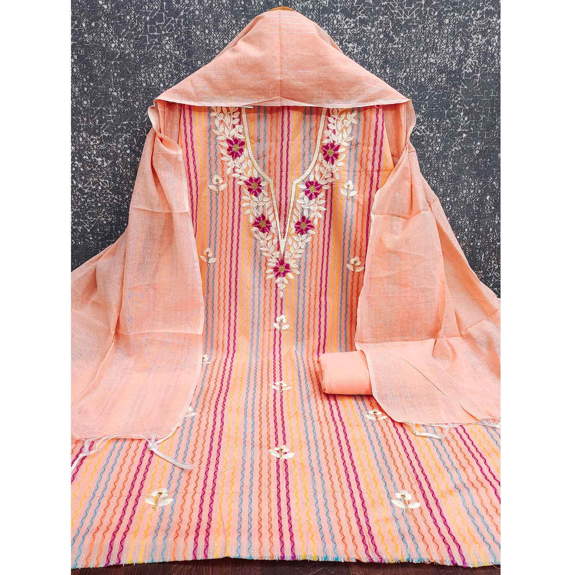 Peach Cotton Blend Dress Material Highlighted With Floral Embroidery & Modern Stripes