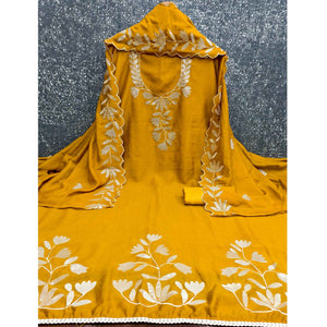 Mustard Vichitra Silk Dress Material Accented With Delicate Floral Thread Embroidery & Sequins