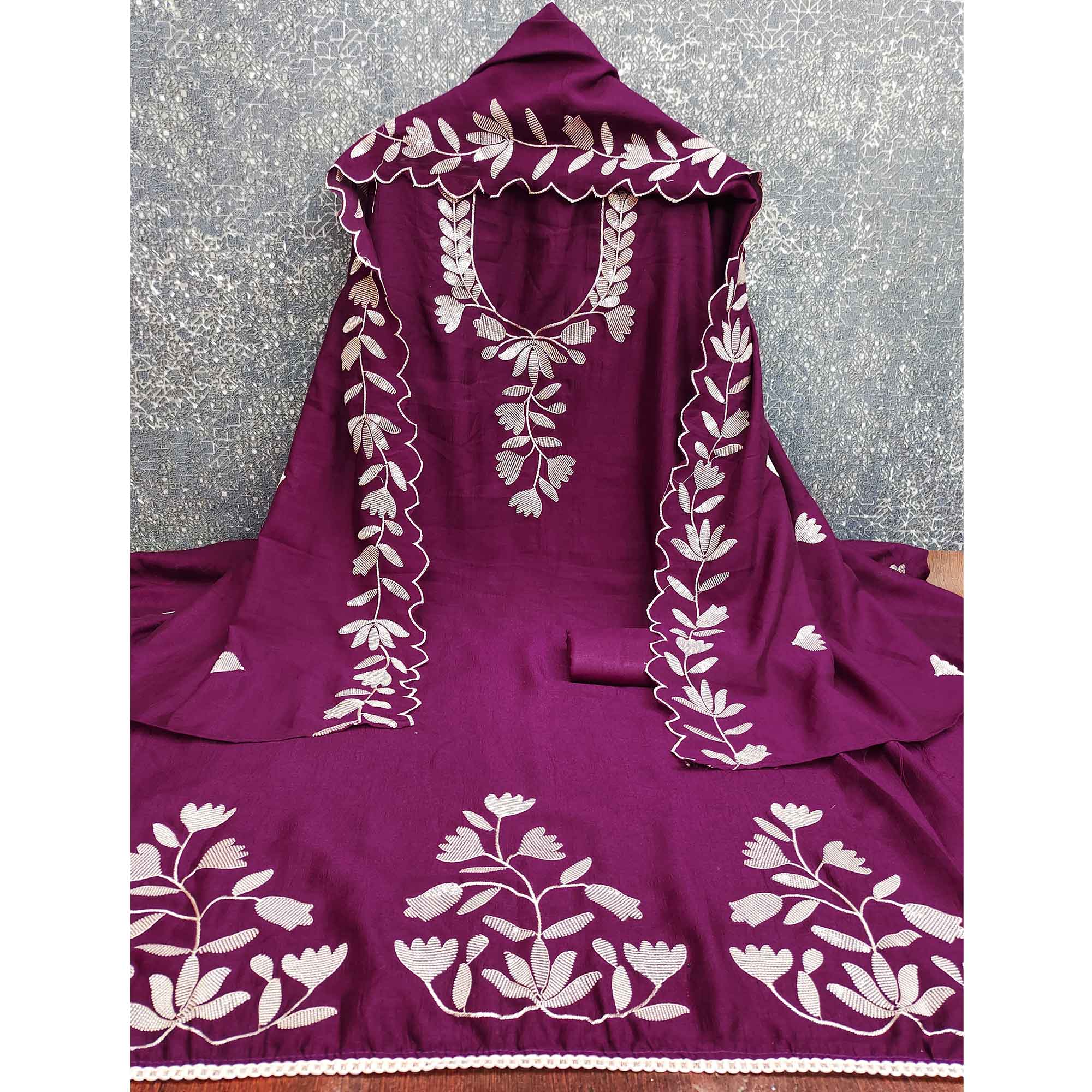 Purple Vichitra Silk Dress Material Accented With Delicate Floral Thread Embroidery & Sequins
