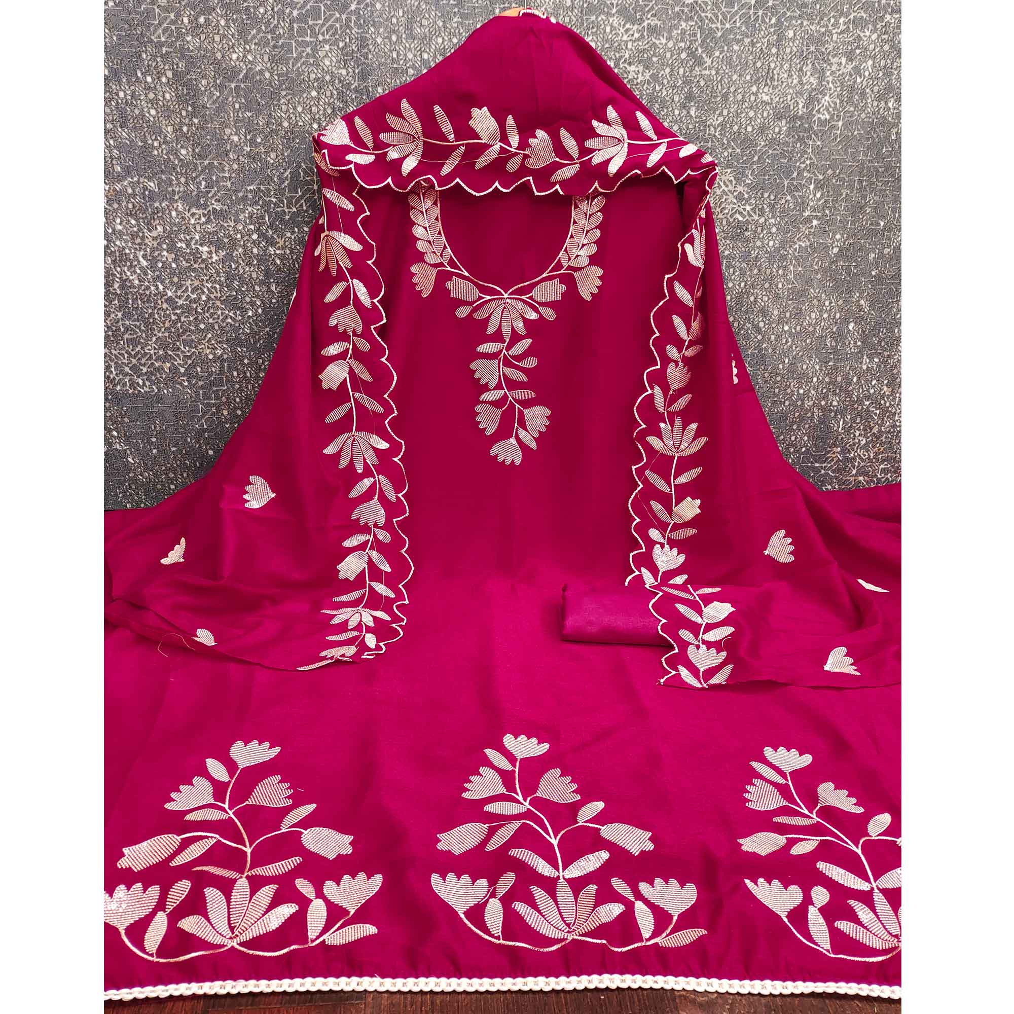 Rani Pink Vichitra Silk Dress Material Accented With Delicate Floral Thread Embroidery & Sequins