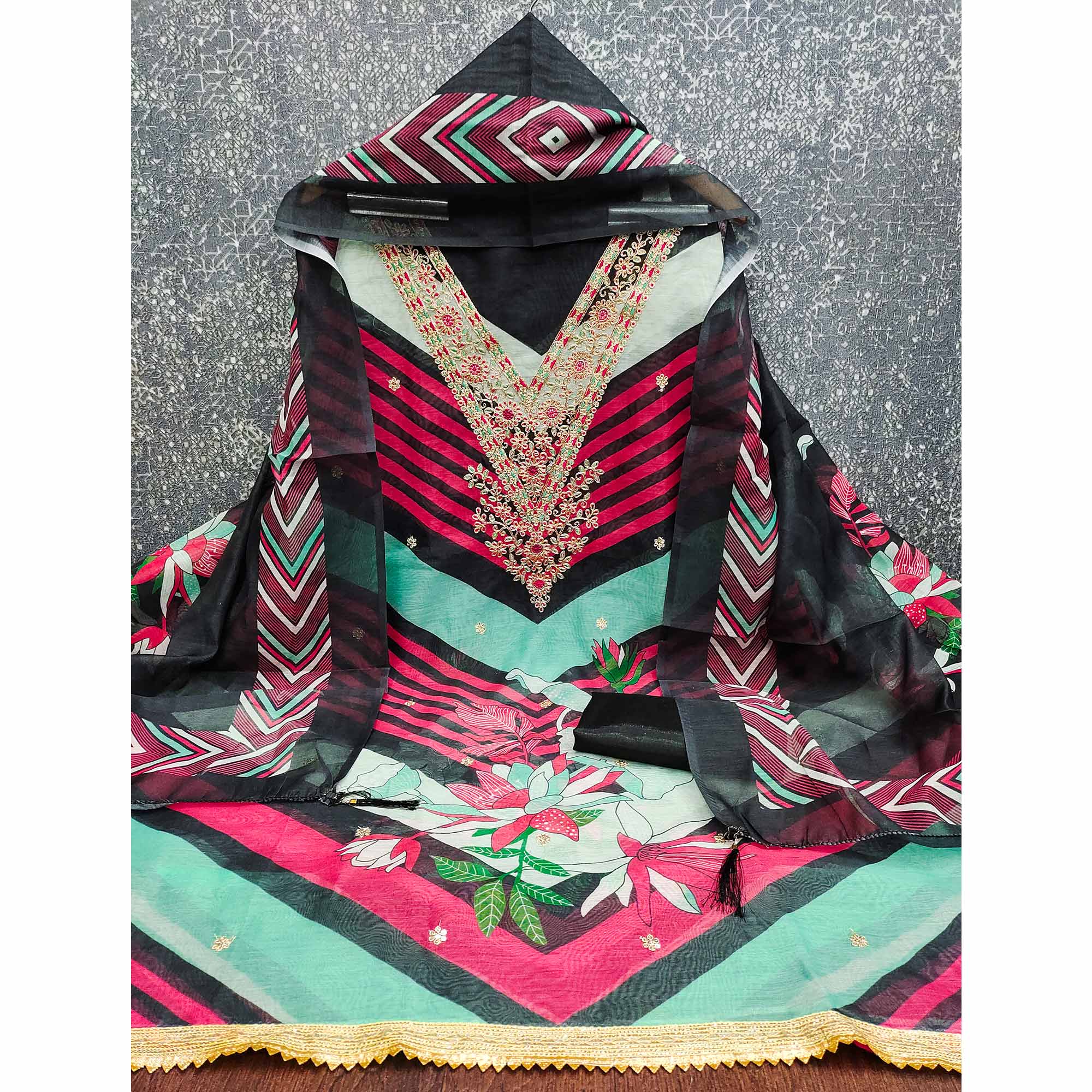 Black Floral Digital Printed With Cording Embroidered Vichitra Silk Dress Material