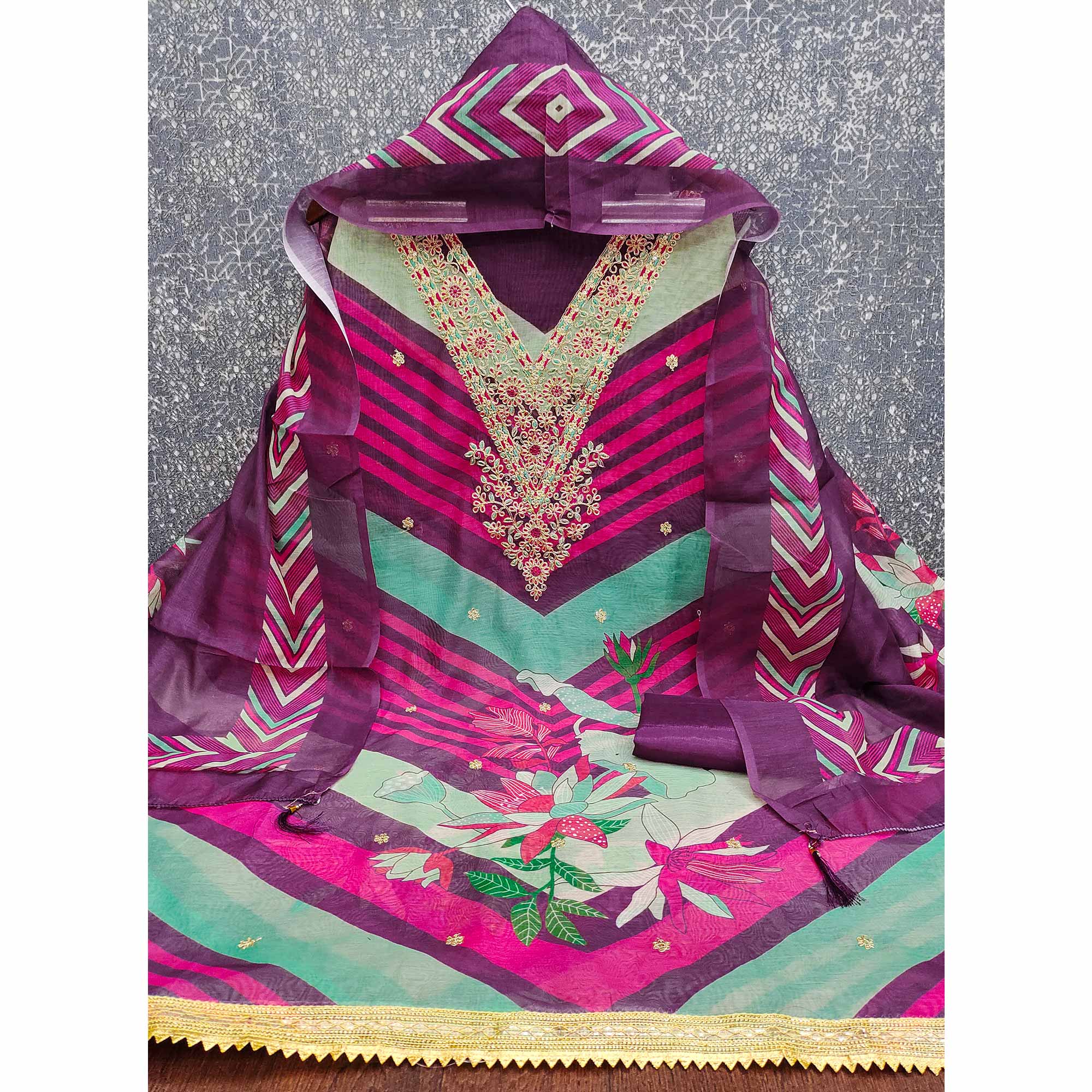 Purple Floral Digital Printed With Cording Embroidered Vichitra Silk Dress Material