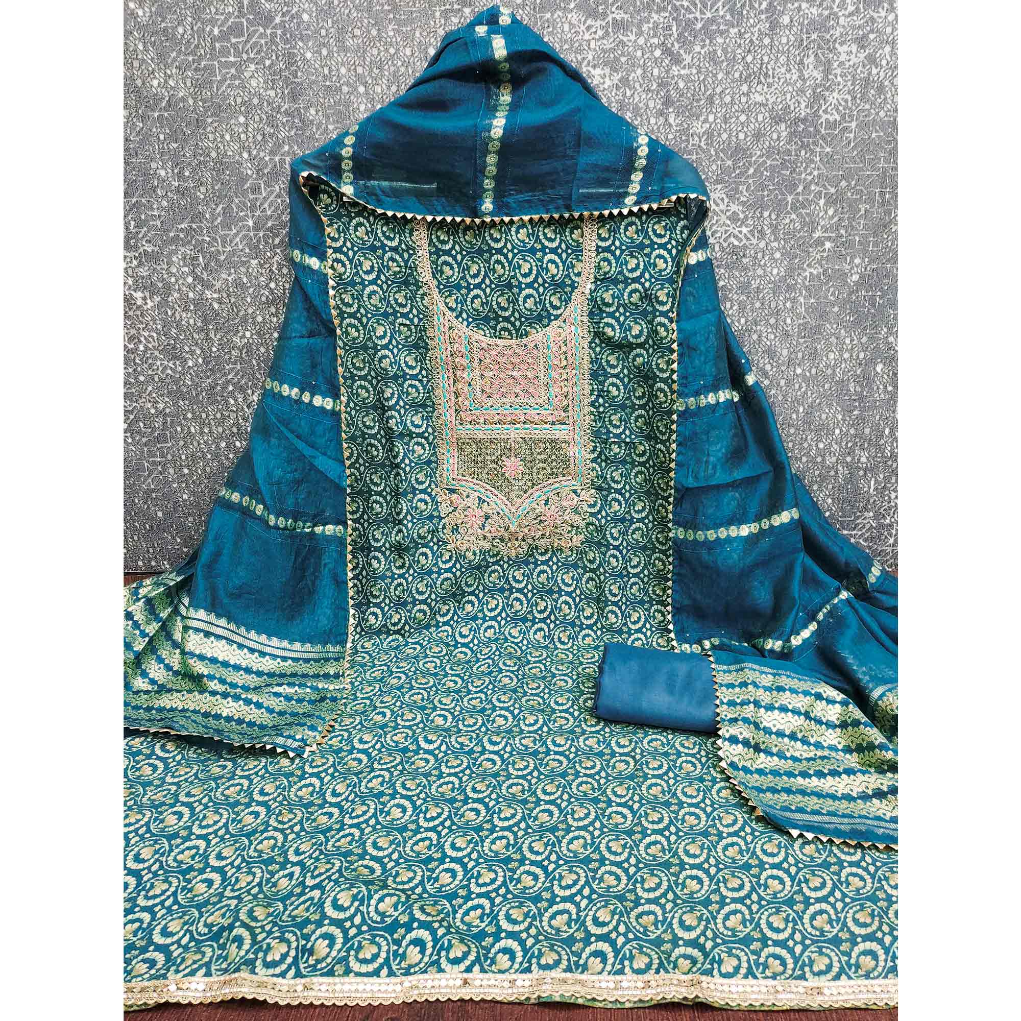 Elegant Morpich Blue Chanderi Silk Dress Material With Floral Print & Cording Embroidery