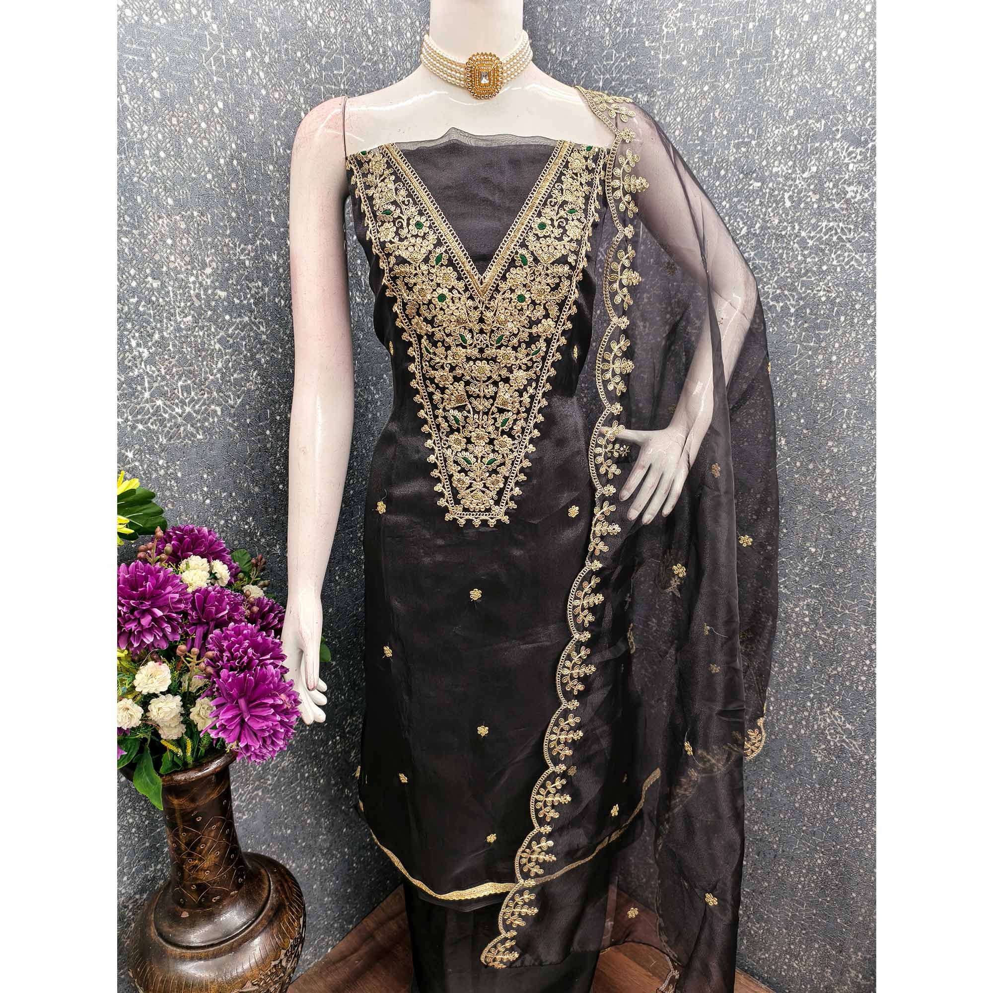 Black Organza Fabric With Delicate Floral Cording Embroidery & Shimmering Sequins Work