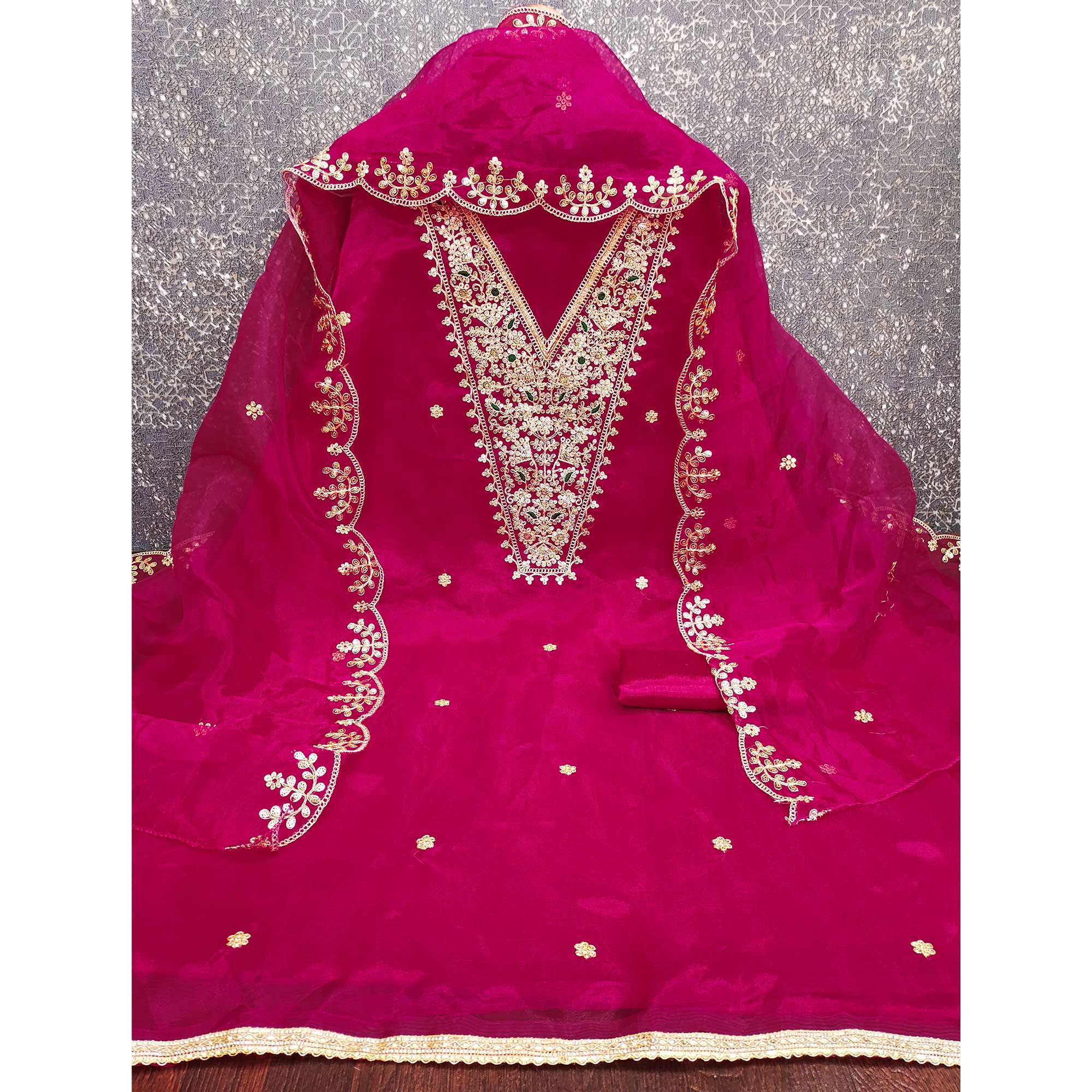 Rani pink Organza Fabric With Delicate Floral Cording Embroidery & Shimmering Sequins Work