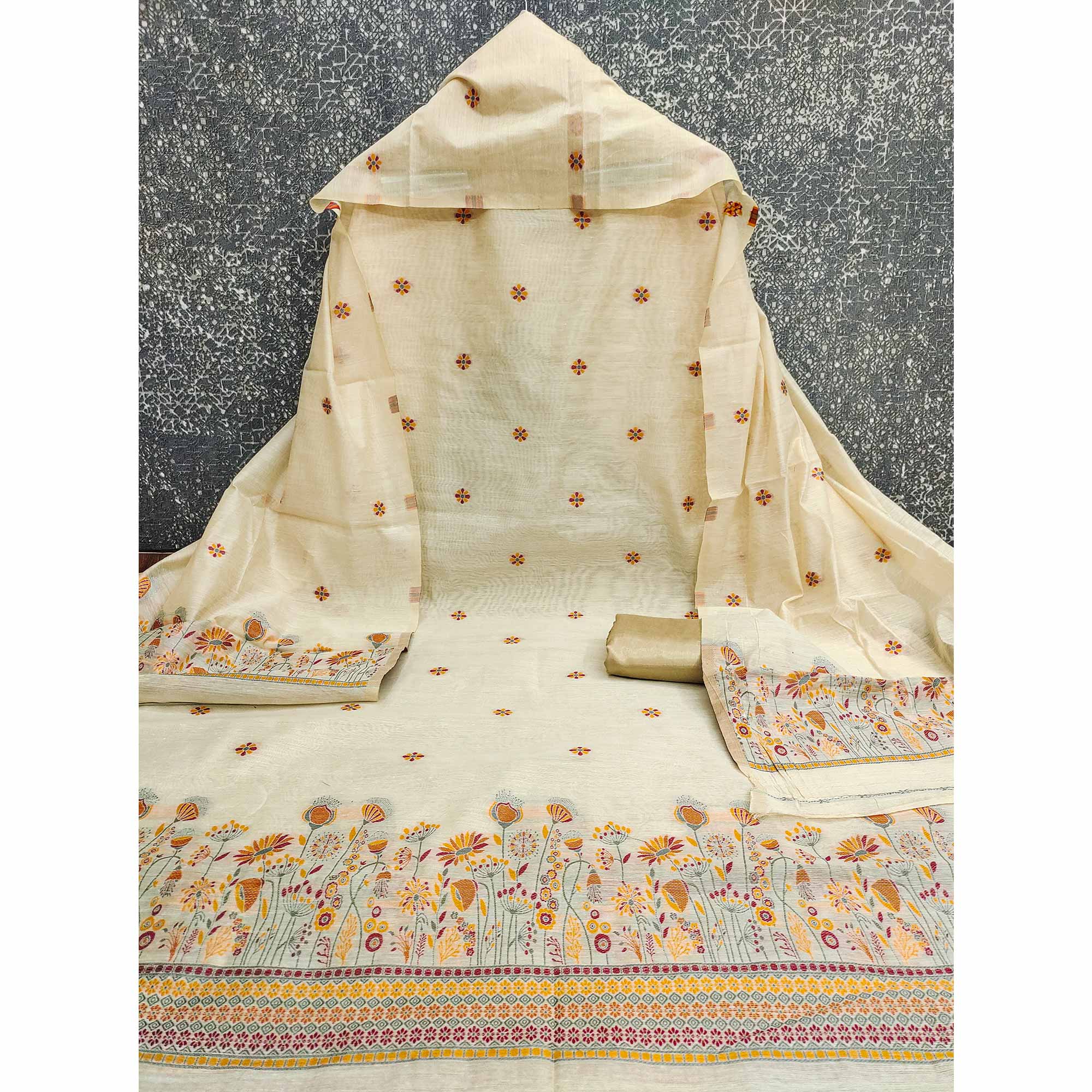 Cream and Mustard Dress Material Adorned with Floral Weaving on Chanderi Silk