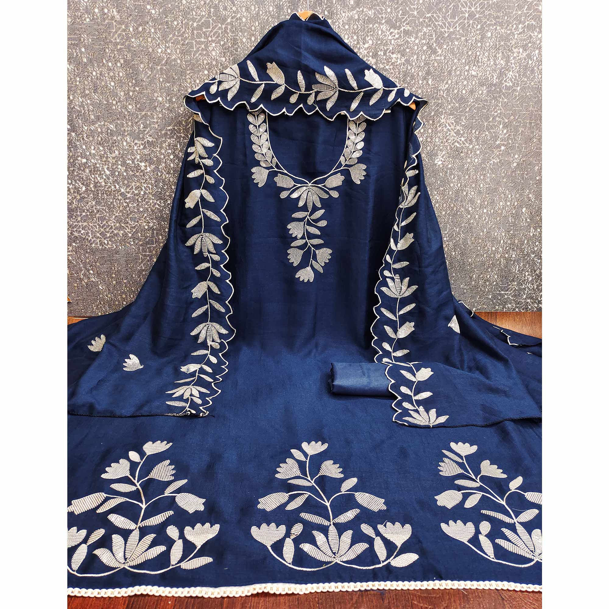 Blue Vichitra Silk Dress Material With Delicate Floral Embroidery & Shimmering Sequins Work