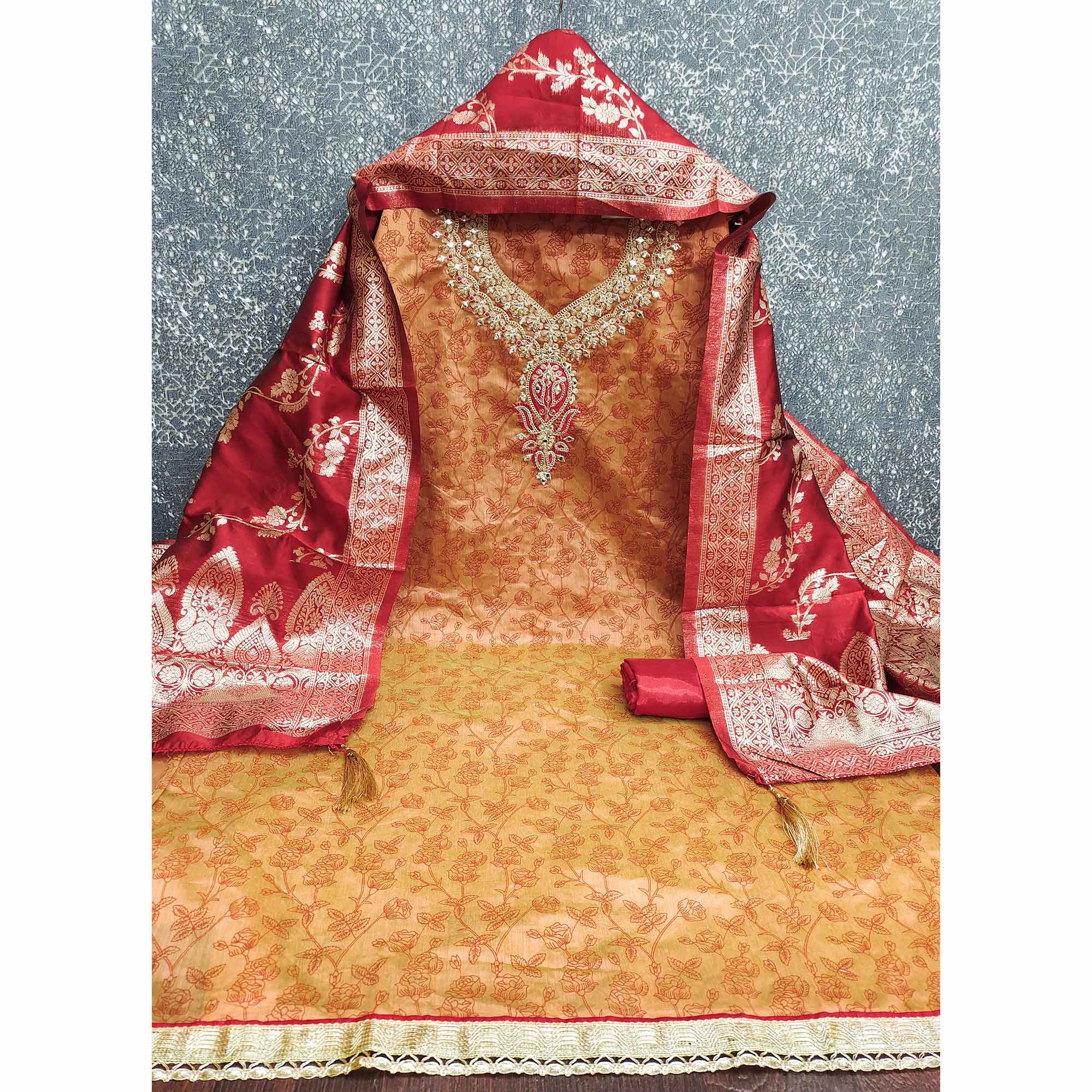 Orange Chanderi Silk Dress Material Featuring Floral Print & Cording Embroidered Detailing
