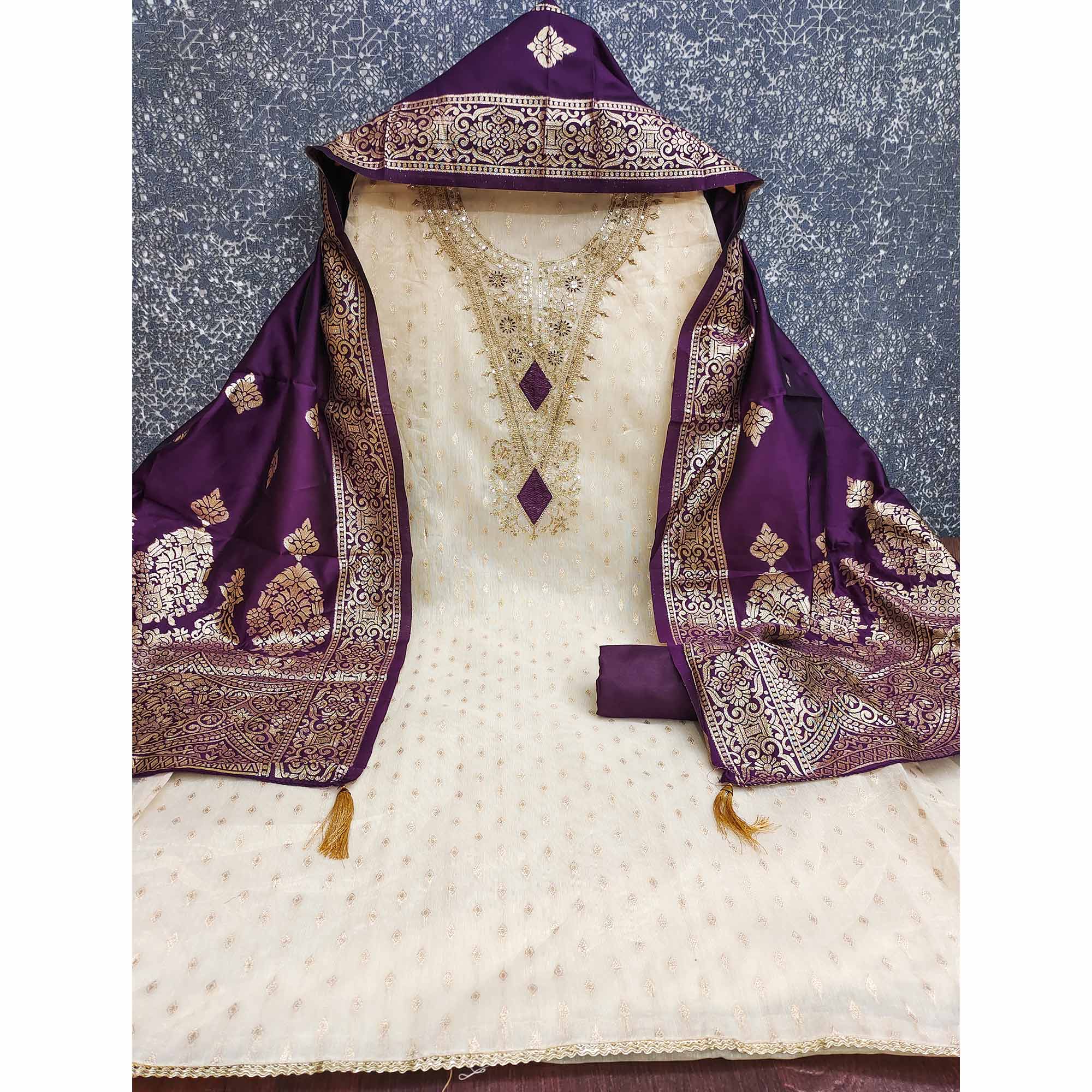 Cream & Purple Floral Butti Weaving With Intricate Cording Embroidered Shimmer Dress Material