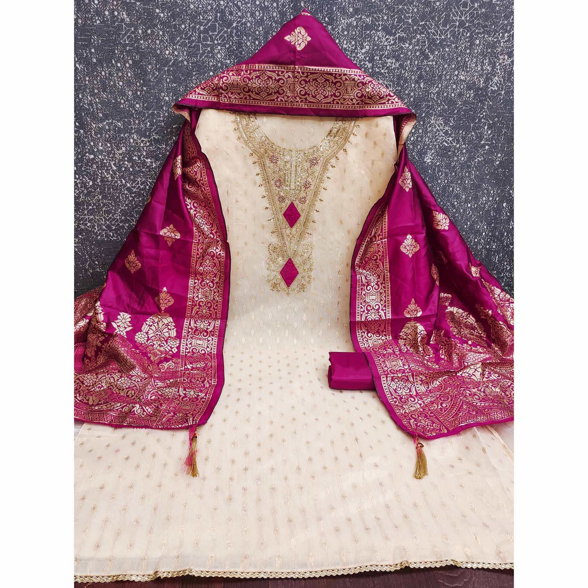 Cream & Rani Pink Floral Butti Weaving With Intricate Cording Embroidered Shimmer Dress Material