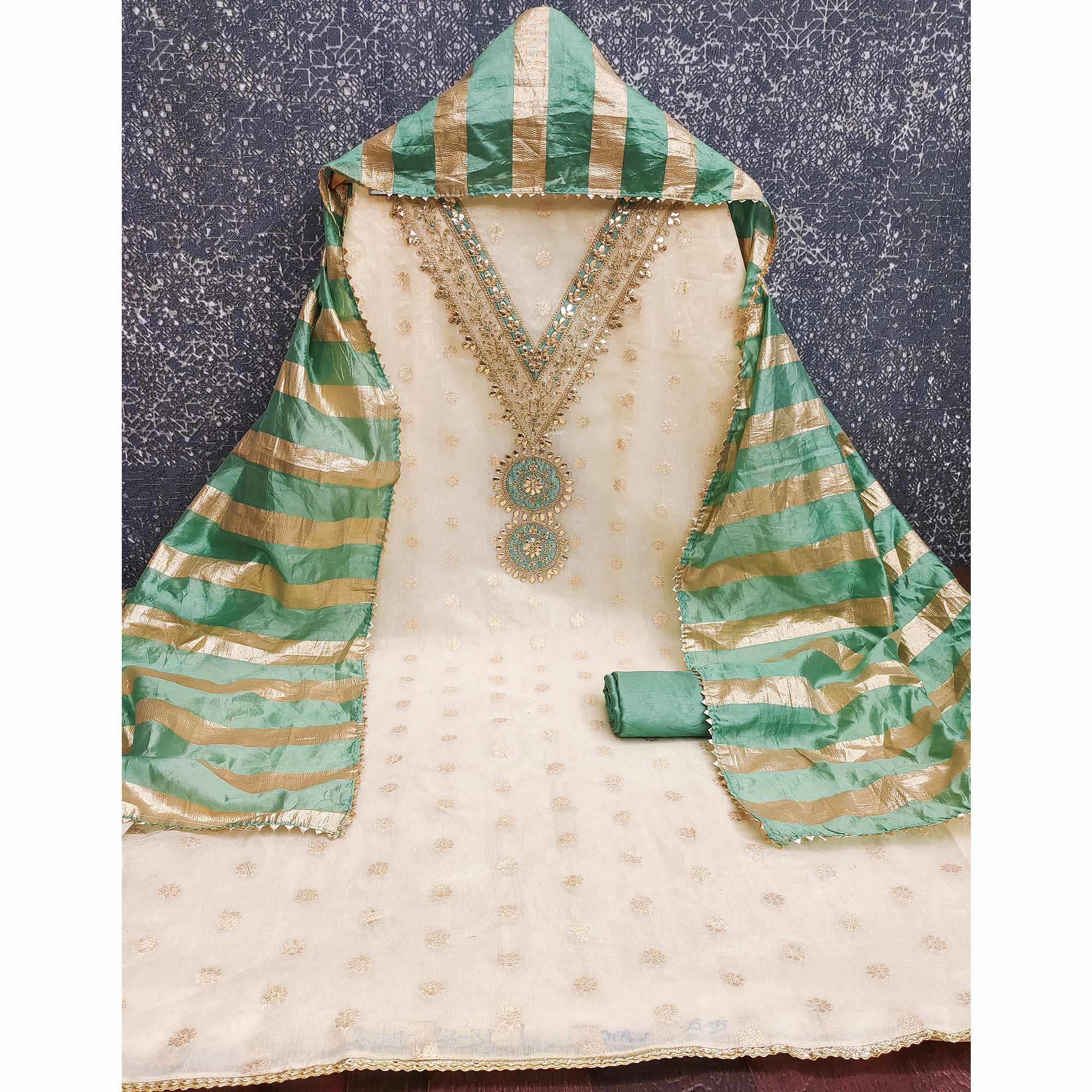 Cream & Green Floral Butti Woven Shimmer Dress Material With Cording Embroidered Detailing