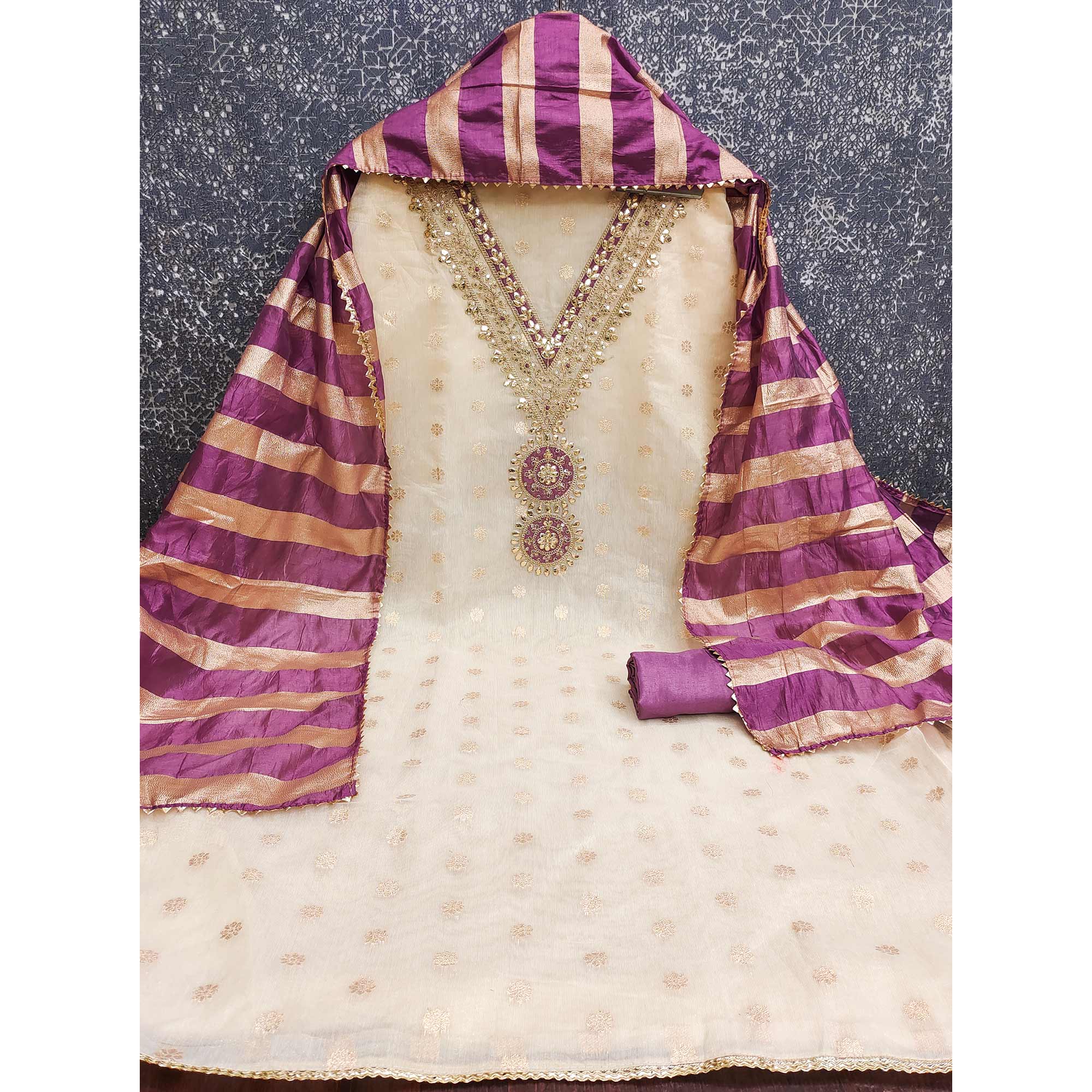 Cream & Purple Floral Butti Woven Shimmer Dress Material With Cording Embroidered Detailing