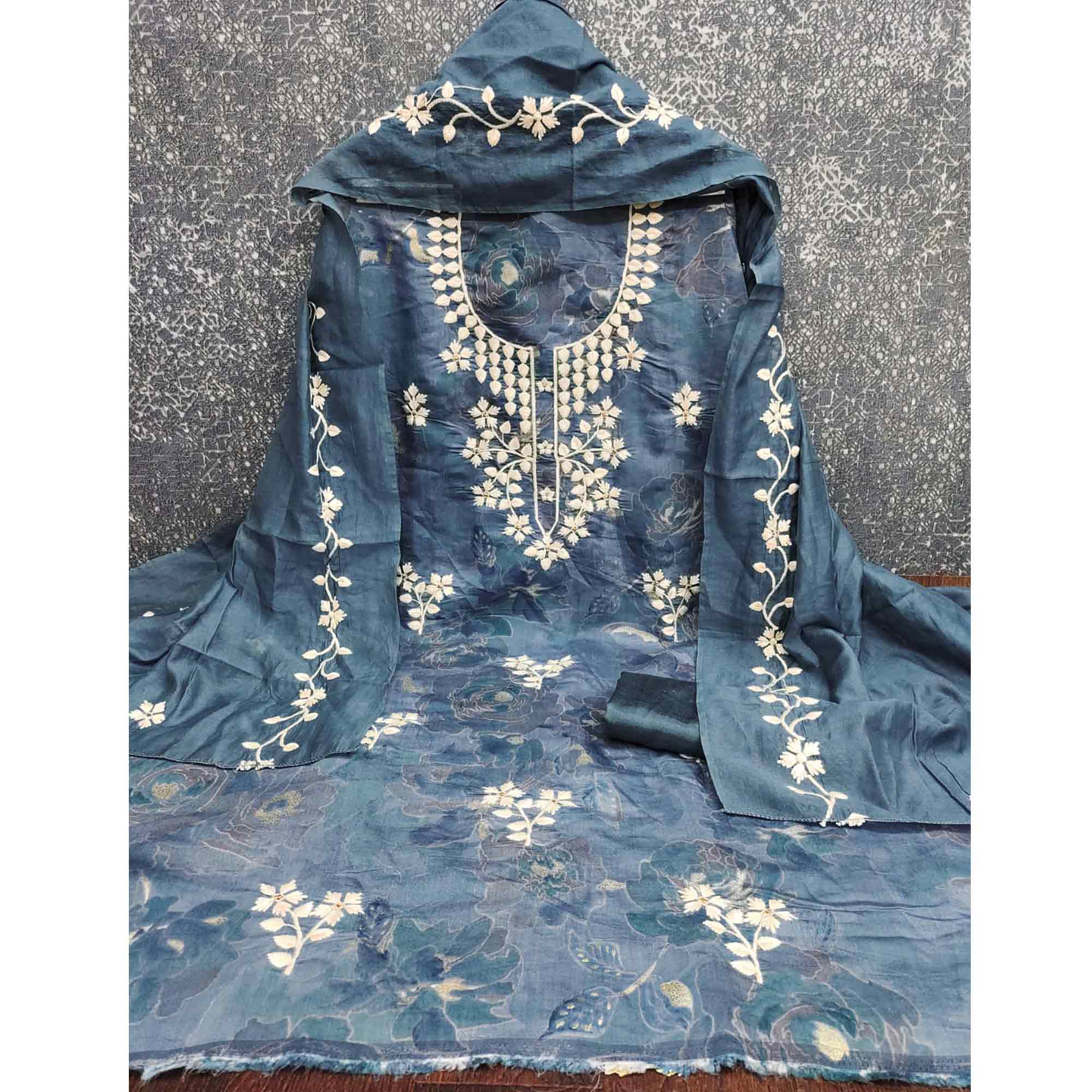 Graceful Greyish Blue Floral Embroidered Chanderi Cotton Dress Material