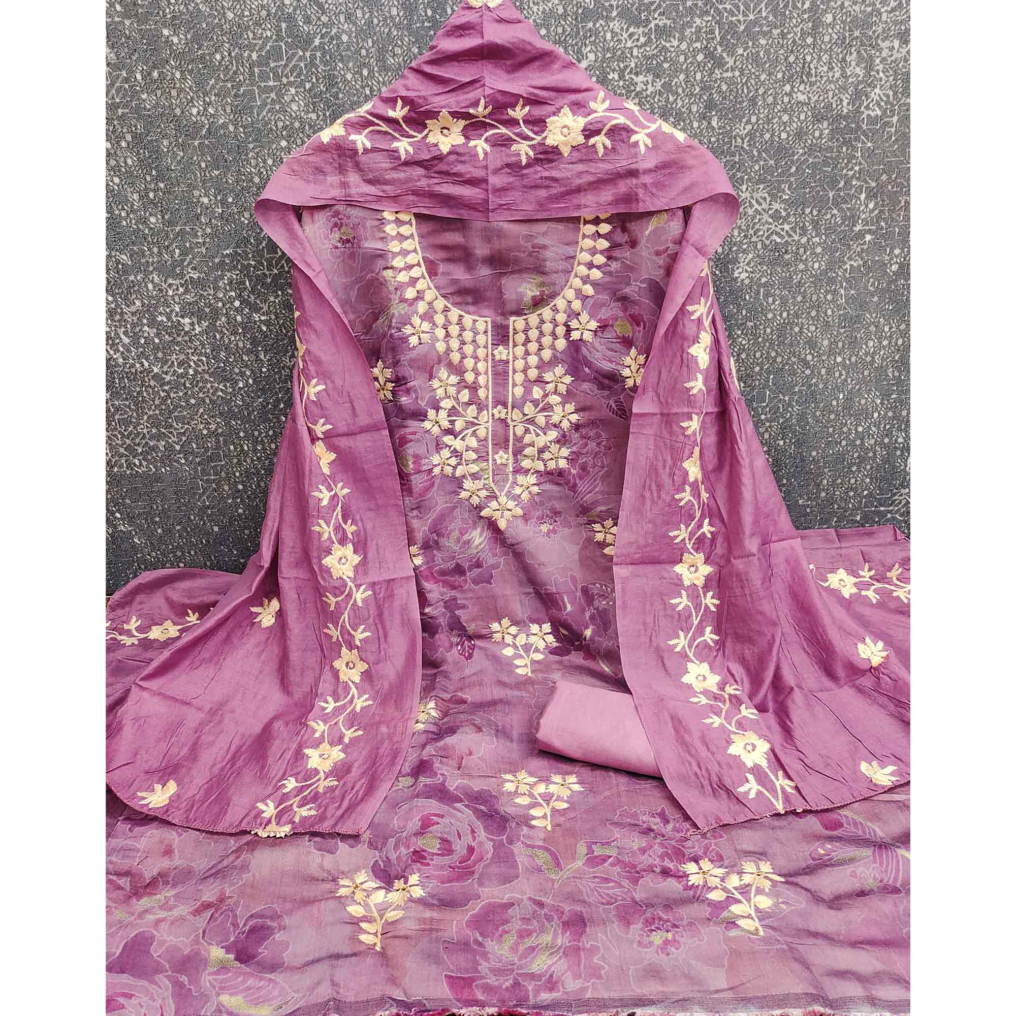 Graceful Pink Floral Embroidered Chanderi Cotton Dress Material