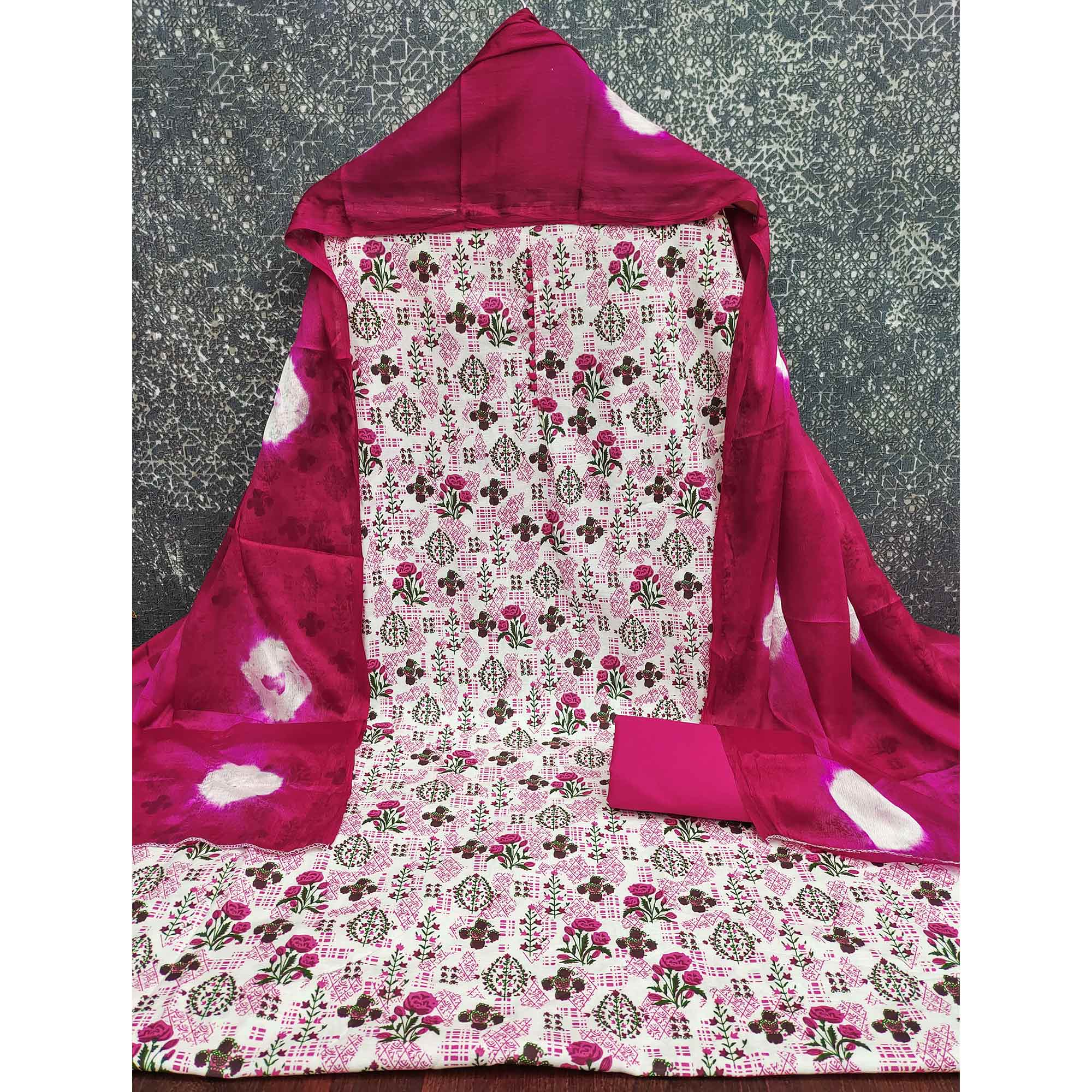 Lightweight Cream & Pink Cotton Dress Material with Beautiful Floral Print Detailing