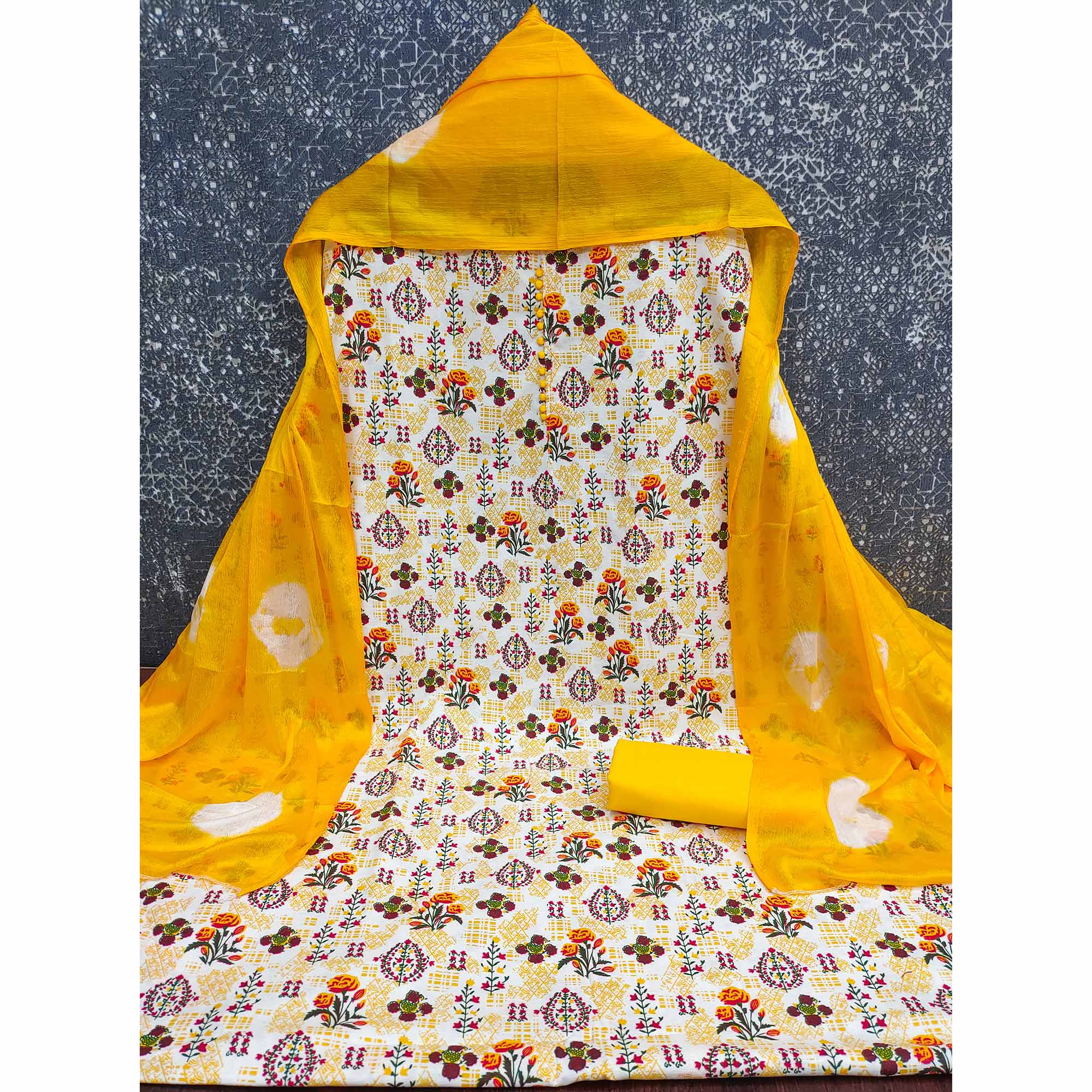 Lightweight Cream & Yellow Cotton Dress Material with Beautiful Floral Print Detailing