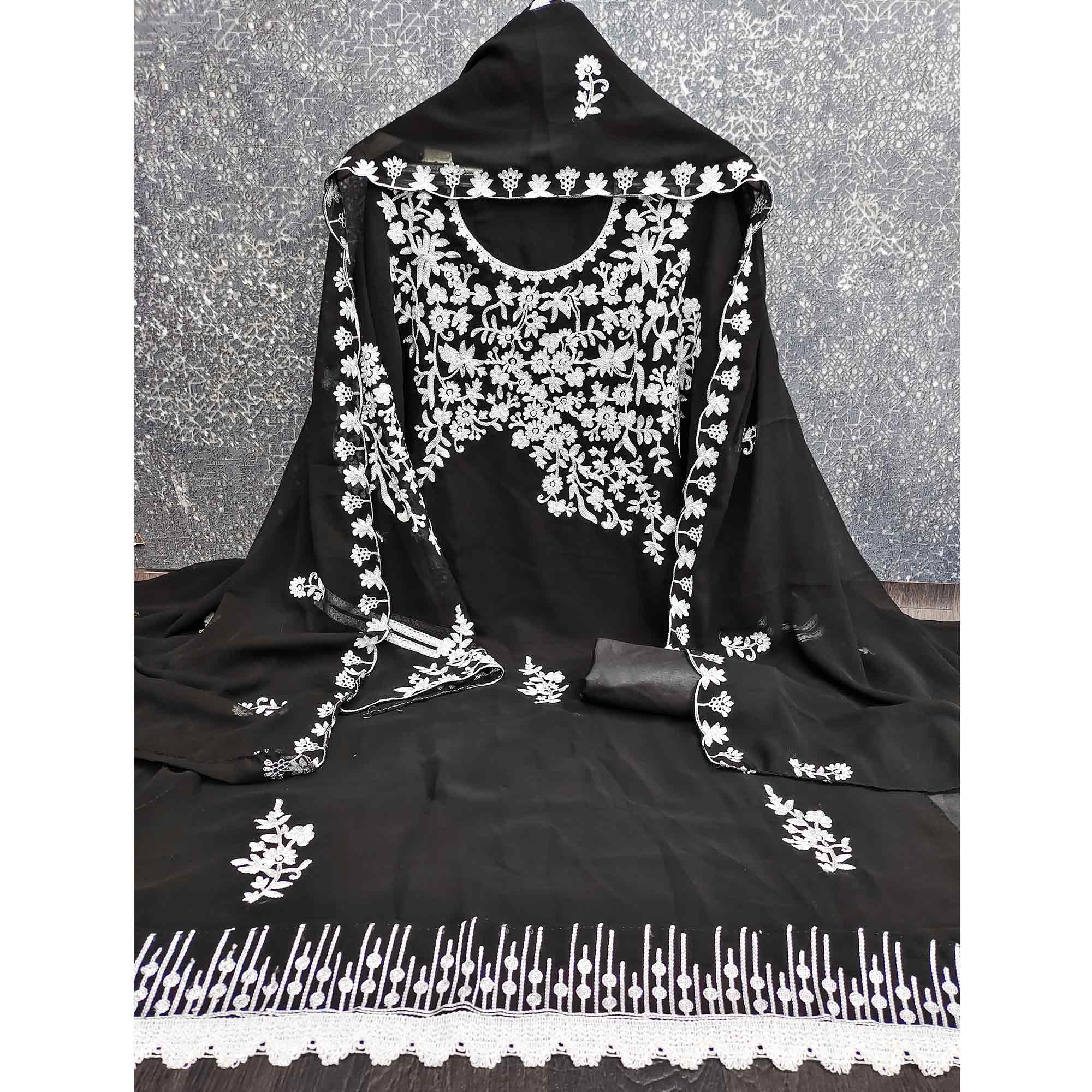 Designer Black Floral Embroidered Georgette Material for Stylish Dresses and Outfits