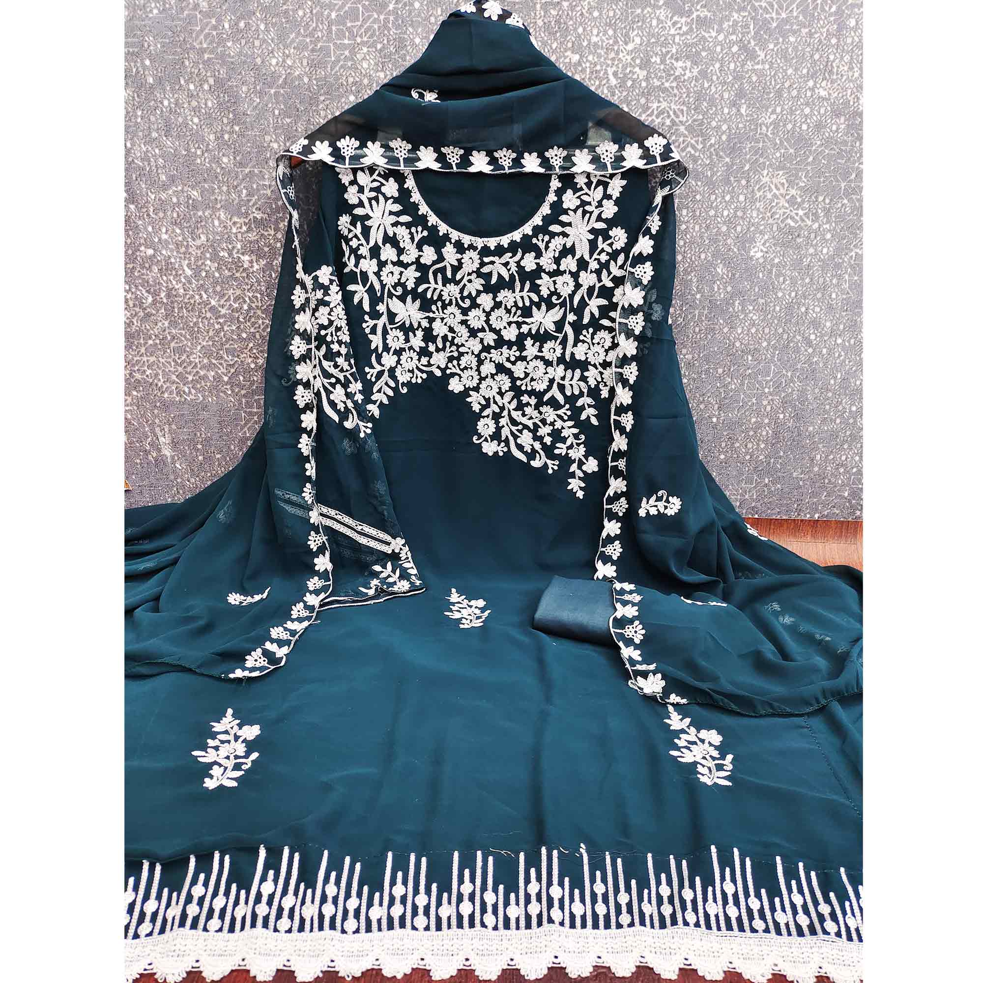 Designer Dark Teal Floral Embroidered Georgette Material for Stylish Dresses and Outfits