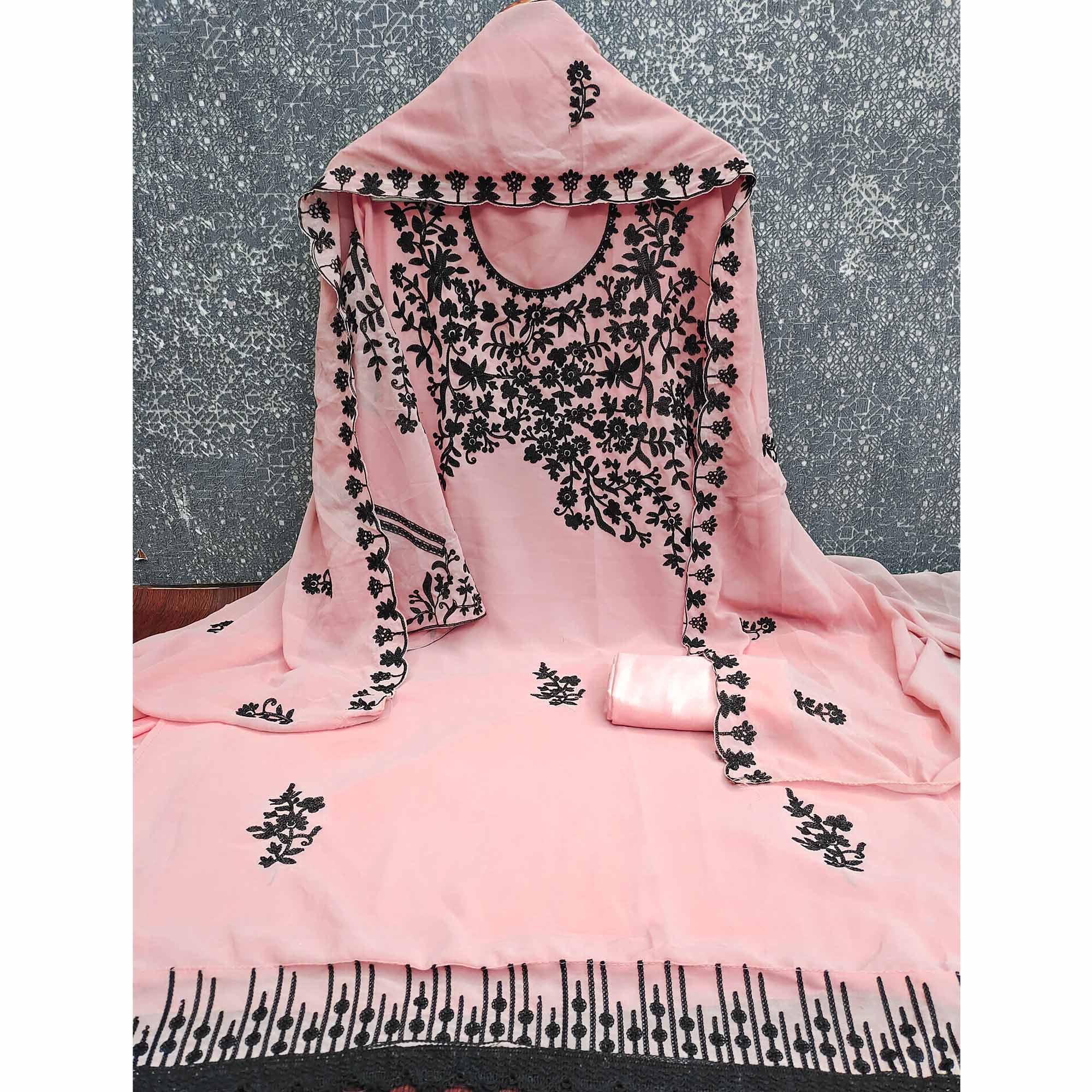 Designer Peach Floral Embroidered Georgette Material for Stylish Dresses and Outfits