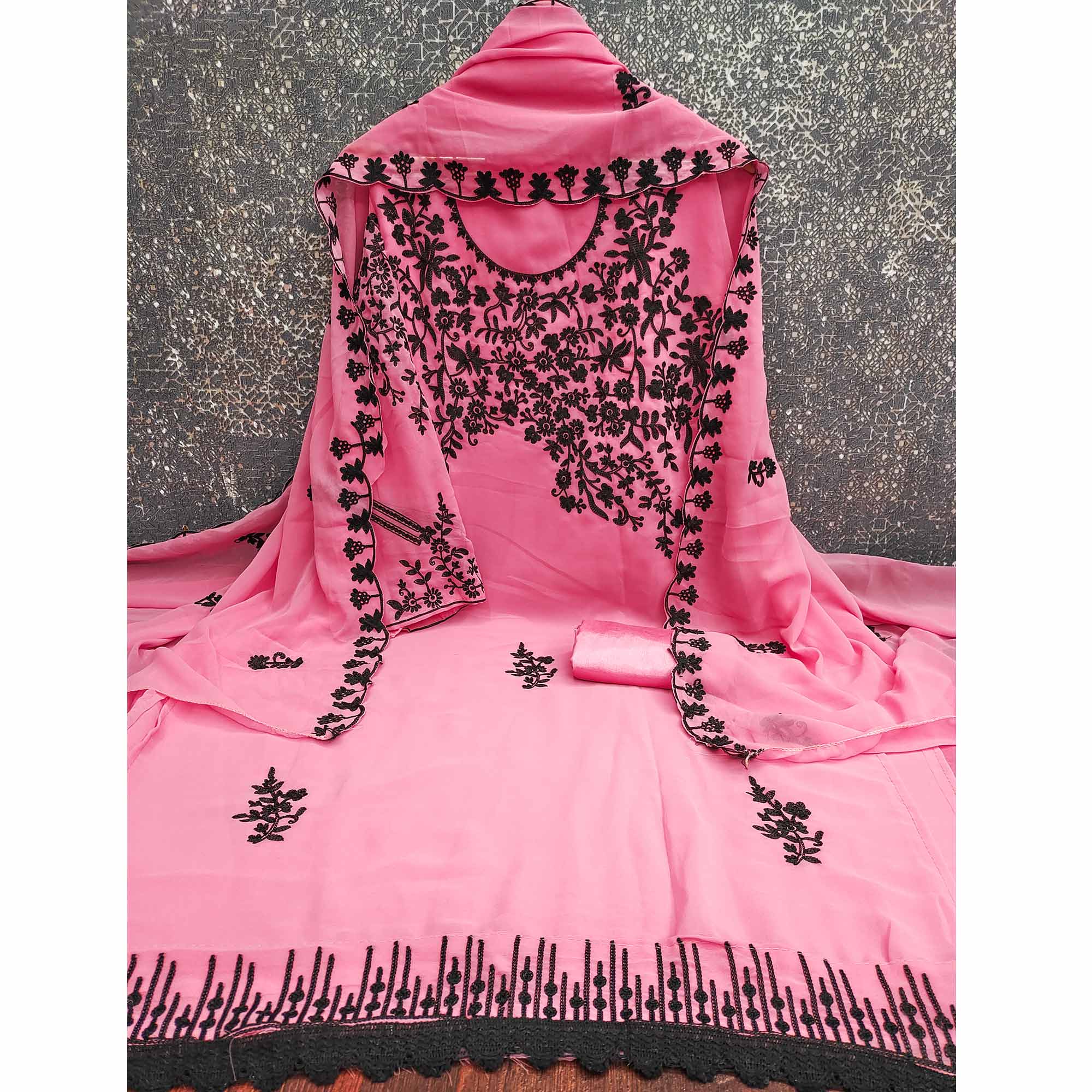 Designer Pink Floral Embroidered Georgette Material for Stylish Dresses and Outfits