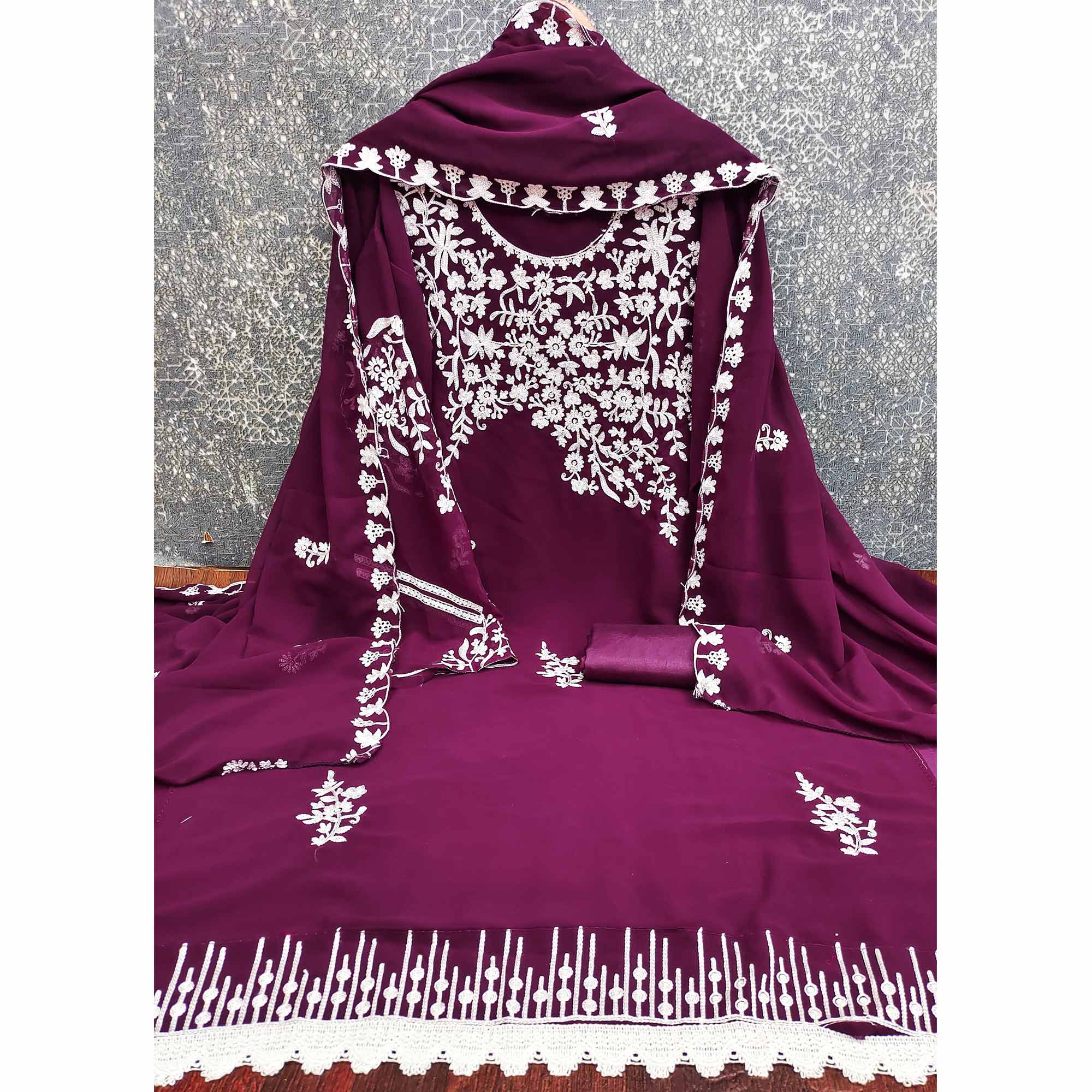 Designer Plum Purple Floral Embroidered Georgette Material for Stylish Dresses and Outfits
