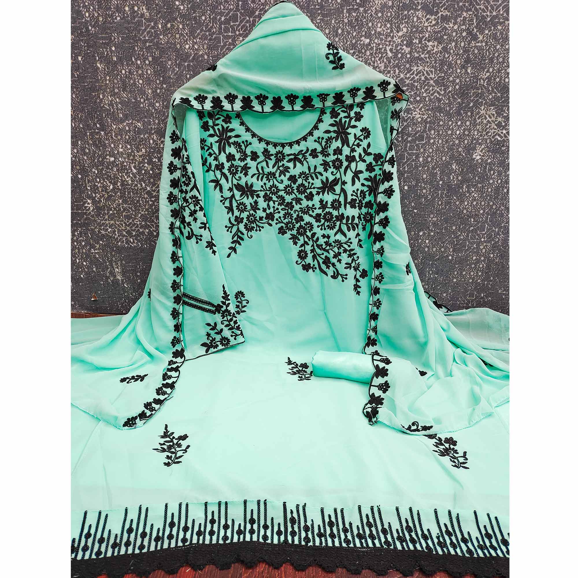 Designer Turquoise Floral Embroidered Georgette Material for Stylish Dresses and Outfits