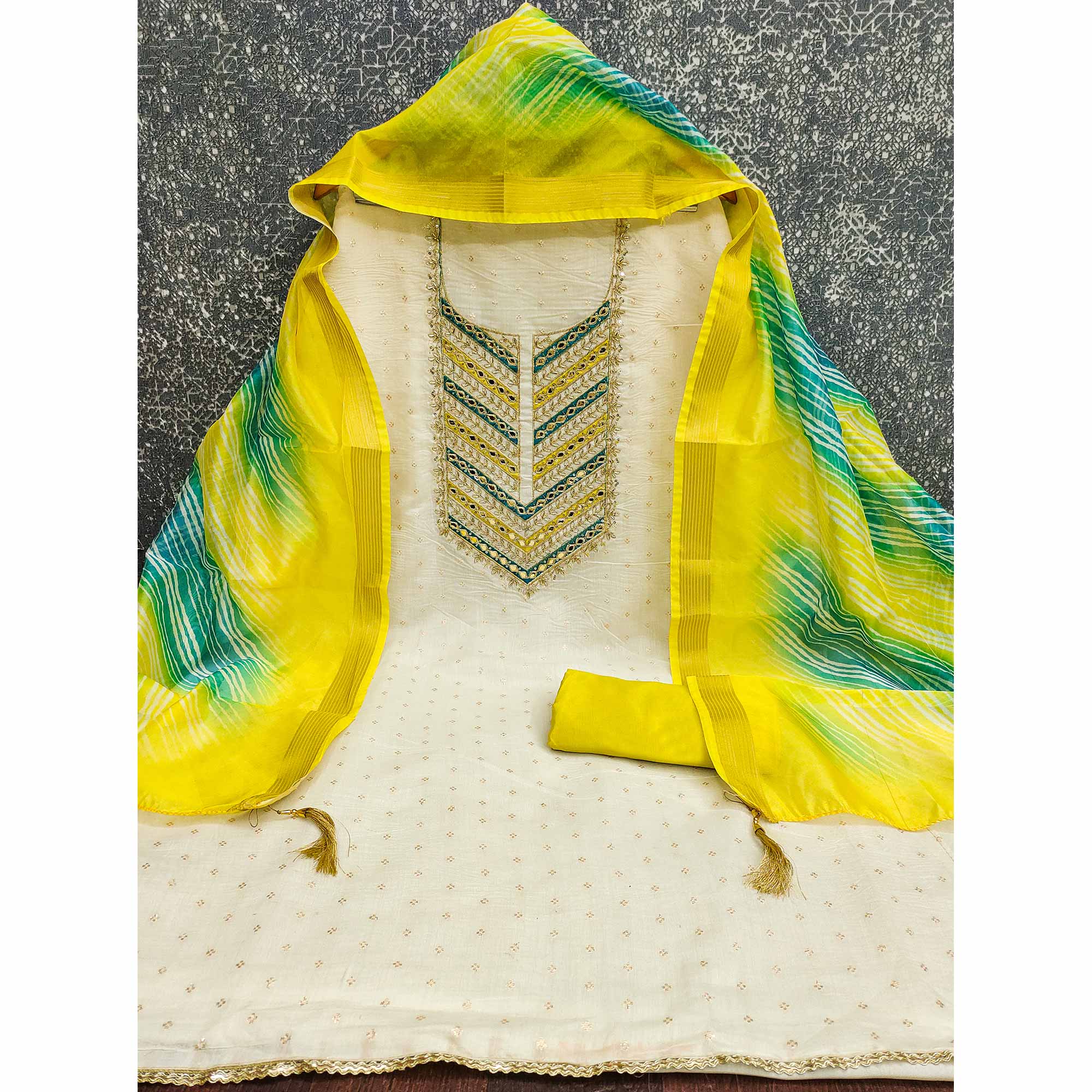 Offwhite & Lemon Green Butti Weaving Chanderi Silk Dress Material Enhanced With Cording Embroidery