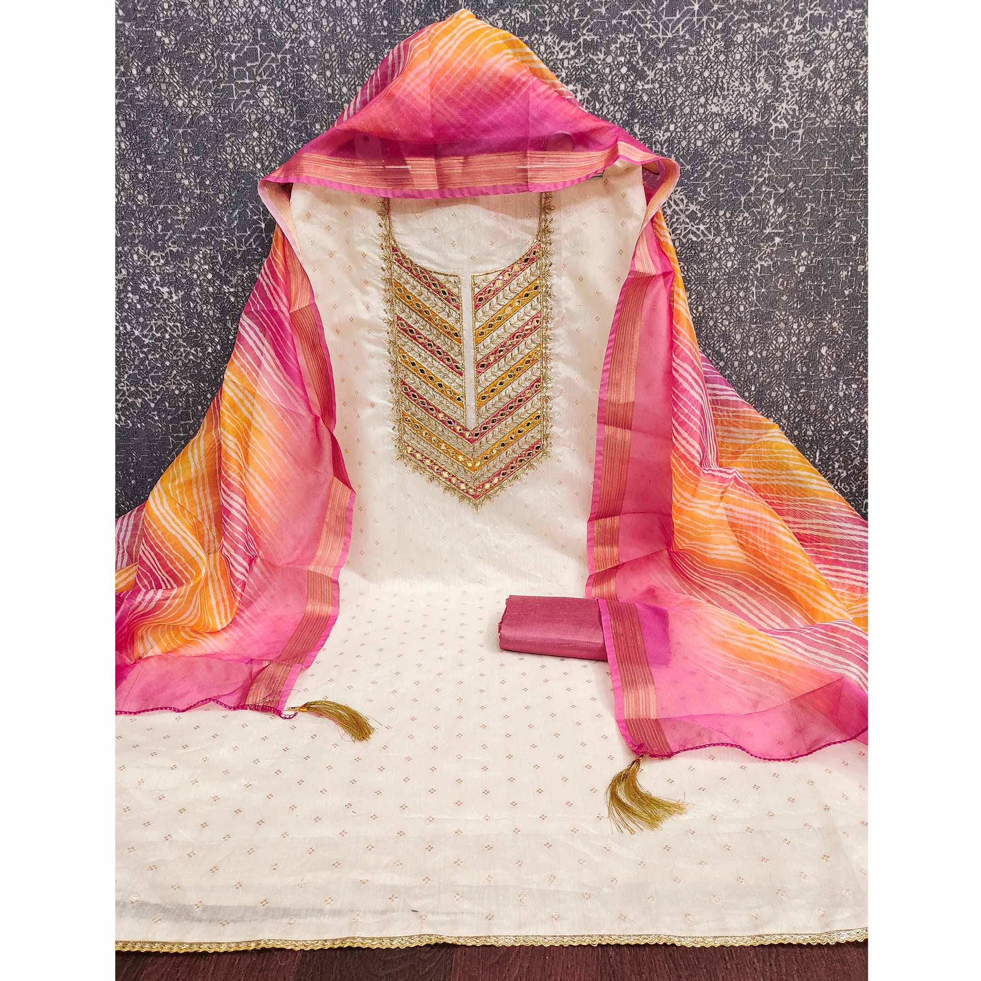 Offwhite & Pink Butti Weaving Chanderi Silk Dress Material Enhanced With Cording Embroidery