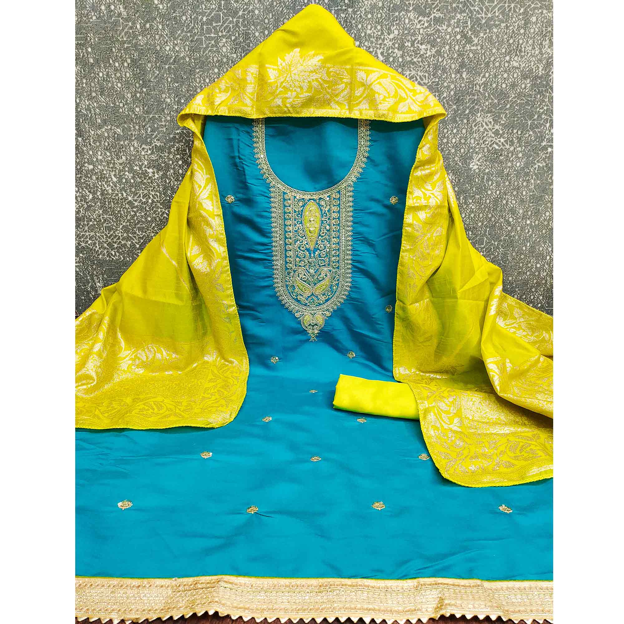 Graceful Blue Silk Blend Dress Material Featuring Floral Cording Embroidery With Sequins Detailing