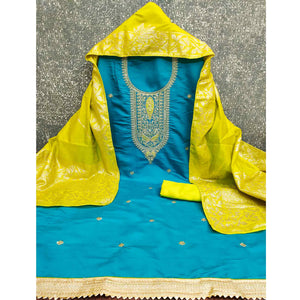 Graceful Blue Silk Blend Dress Material Featuring Floral Cording Embroidery With Sequins Detailing