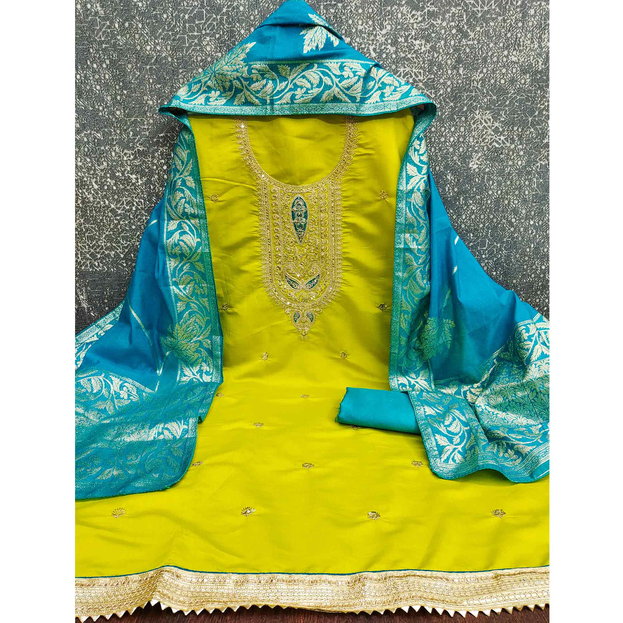 Graceful Green Silk Blend Dress Material Featuring Floral Cording Embroidery With Sequins Detailing