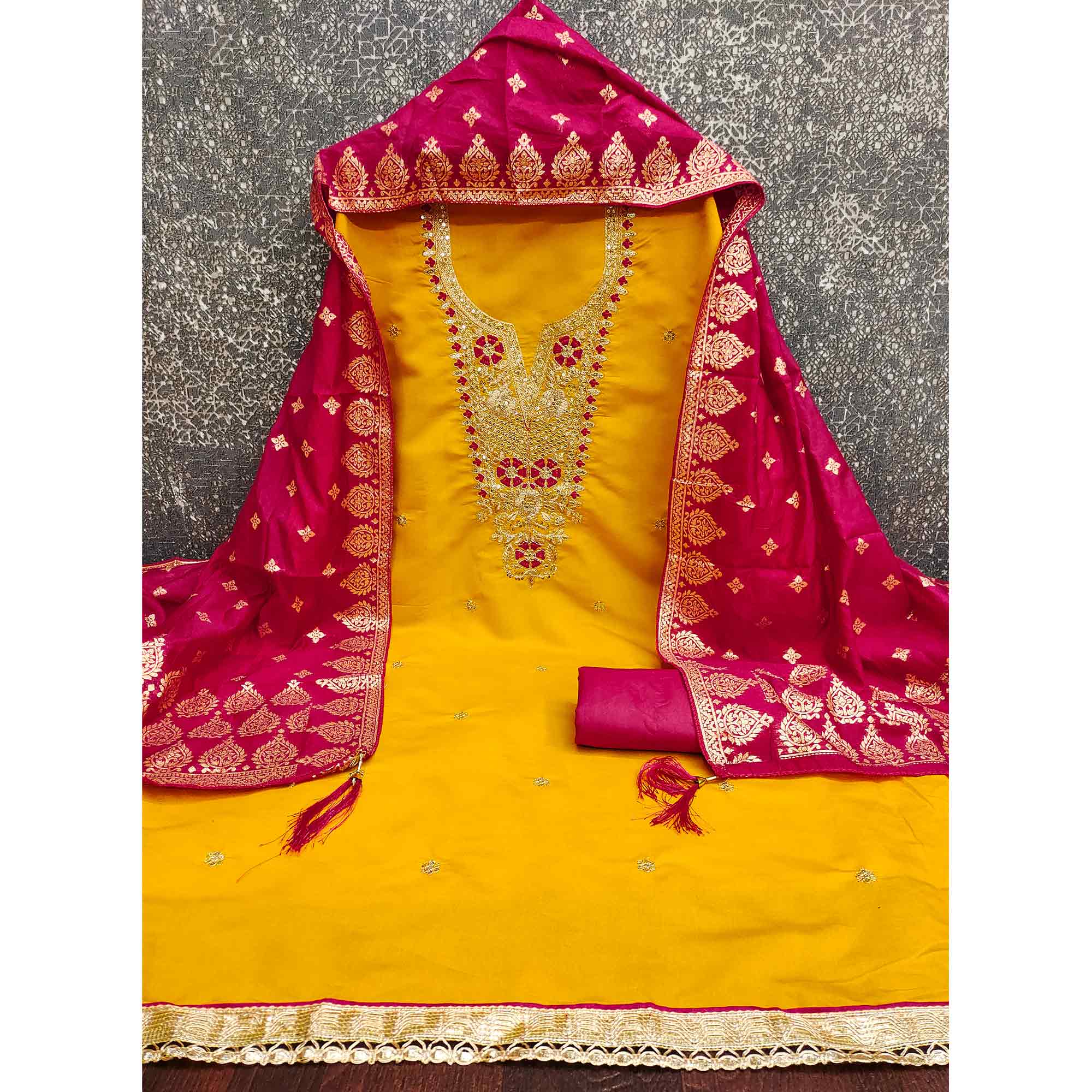 Graceful Mustard Silk Blend Dress Material Featuring Floral Cording Embroidery With Sequins Detailing