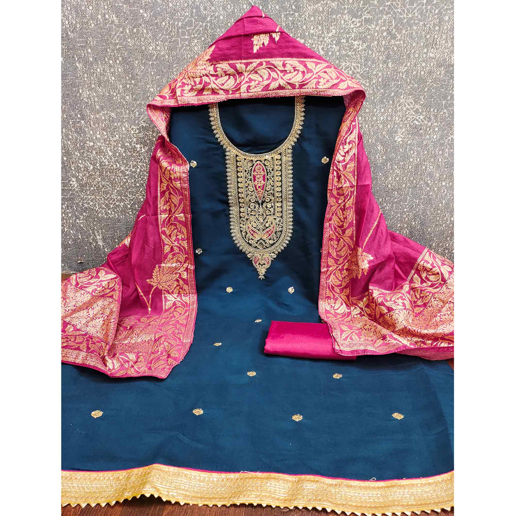 Stylish Blue Floral Cording Embroidered Silk Blend Dress Material Accented With Sequins Work