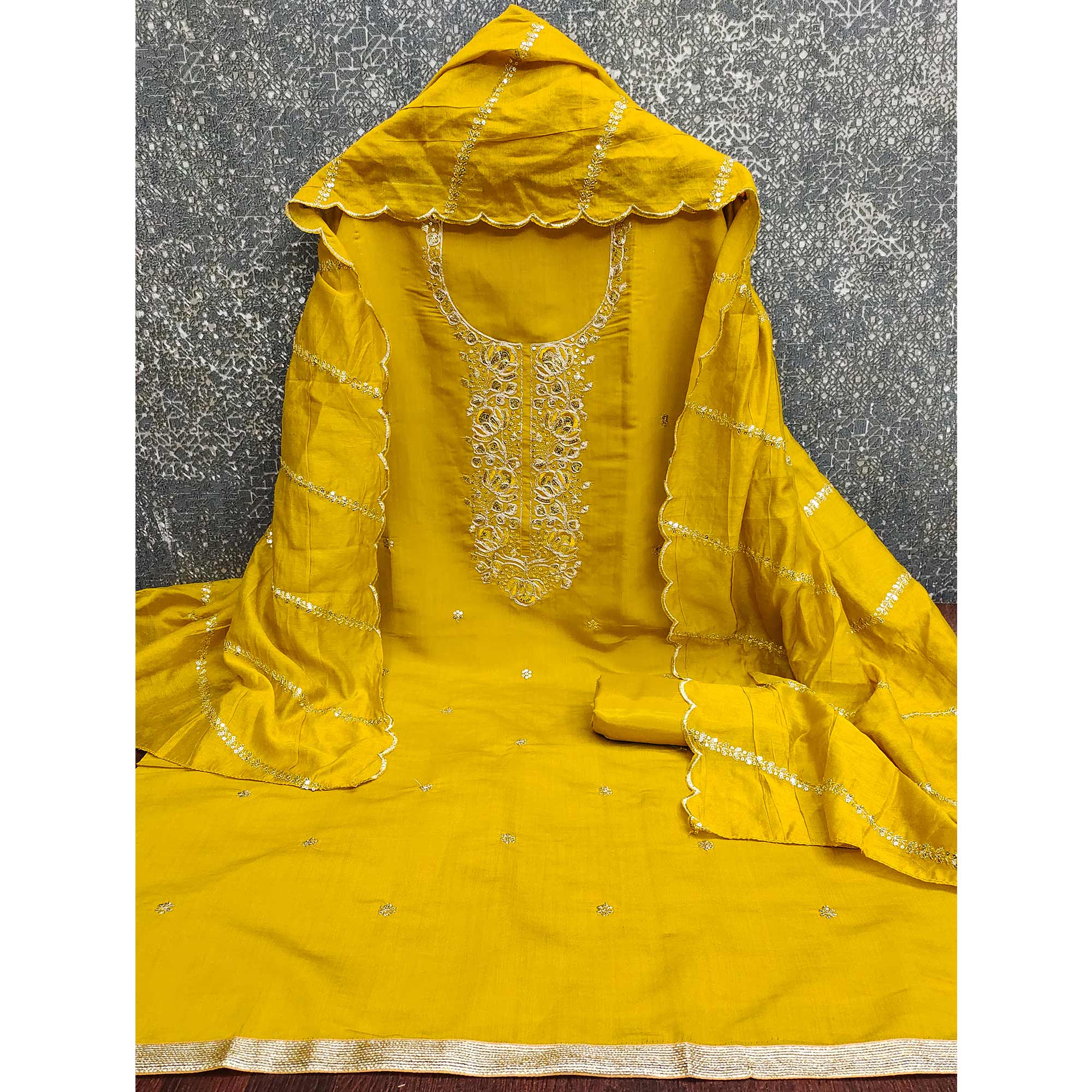 Classic Mustard Floral Cording Embroidered Silk Blend Dress Material With Glittering Sequins Work