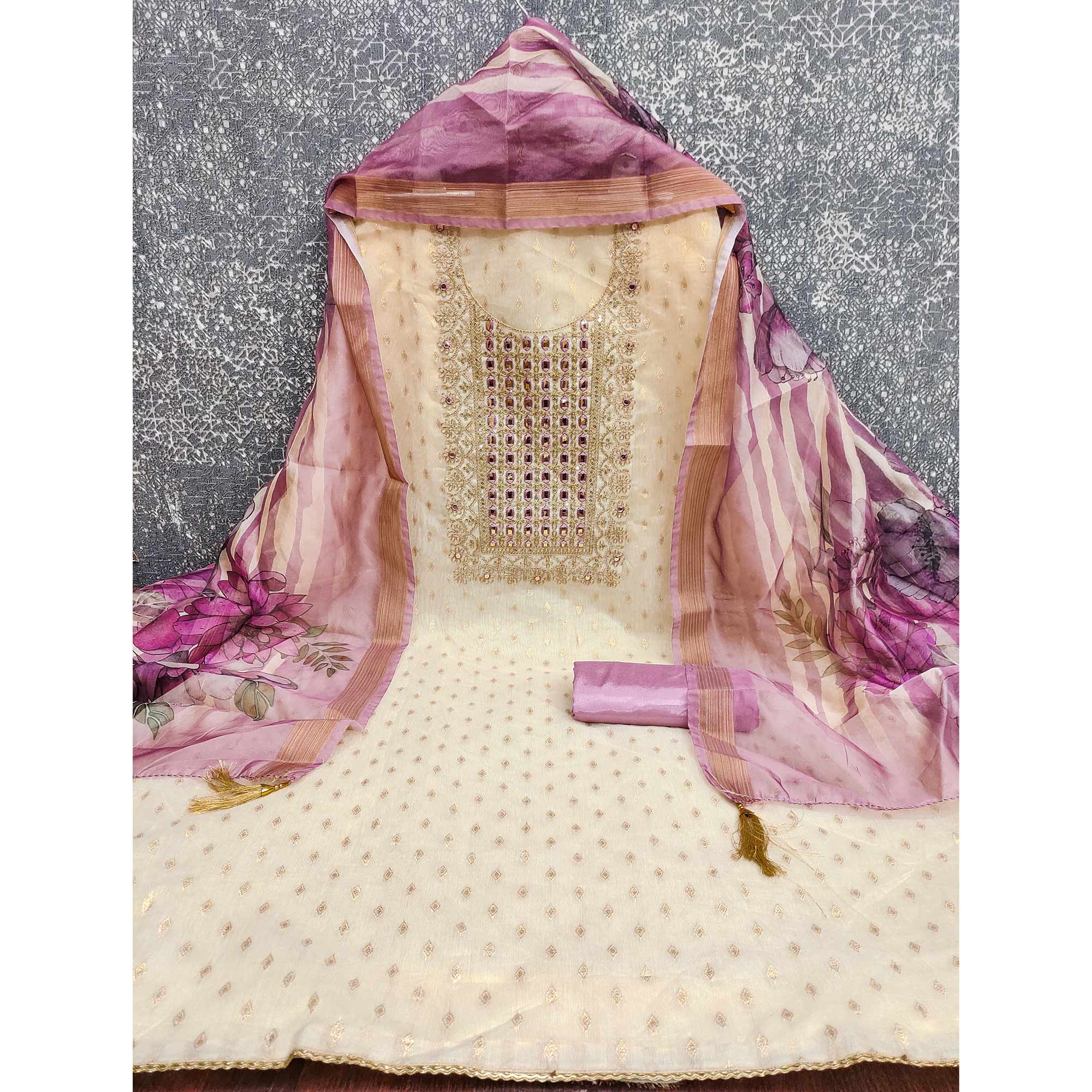 Cream & Lavender Shimmer Dress Material Featuring Butti Weaving With Sequins Cording Embroidery